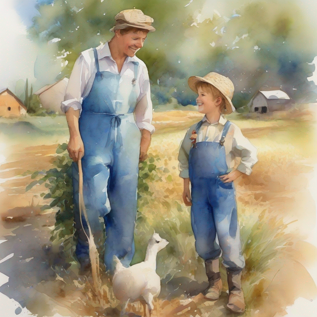 little boy with a crown, wearing blue clothes talking to the farmer, farmer looking happy