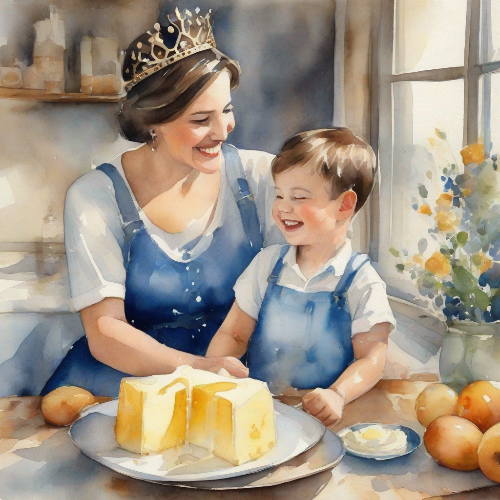 little boy with a crown, wearing blue clothes and his mother smiling, milk and butter on the table