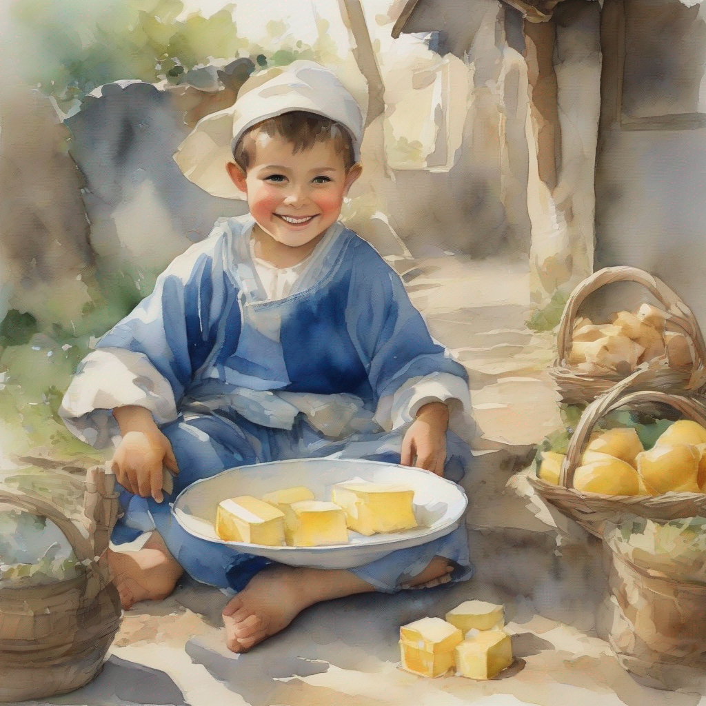 little boy with a crown, wearing blue clothes with villagers, smiling and eating butter