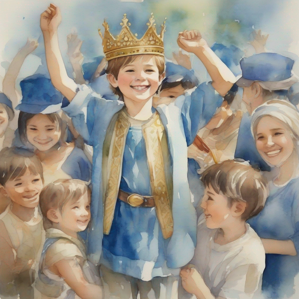 little boy with a crown, wearing blue clothes with villagers, everyone happy and smiling