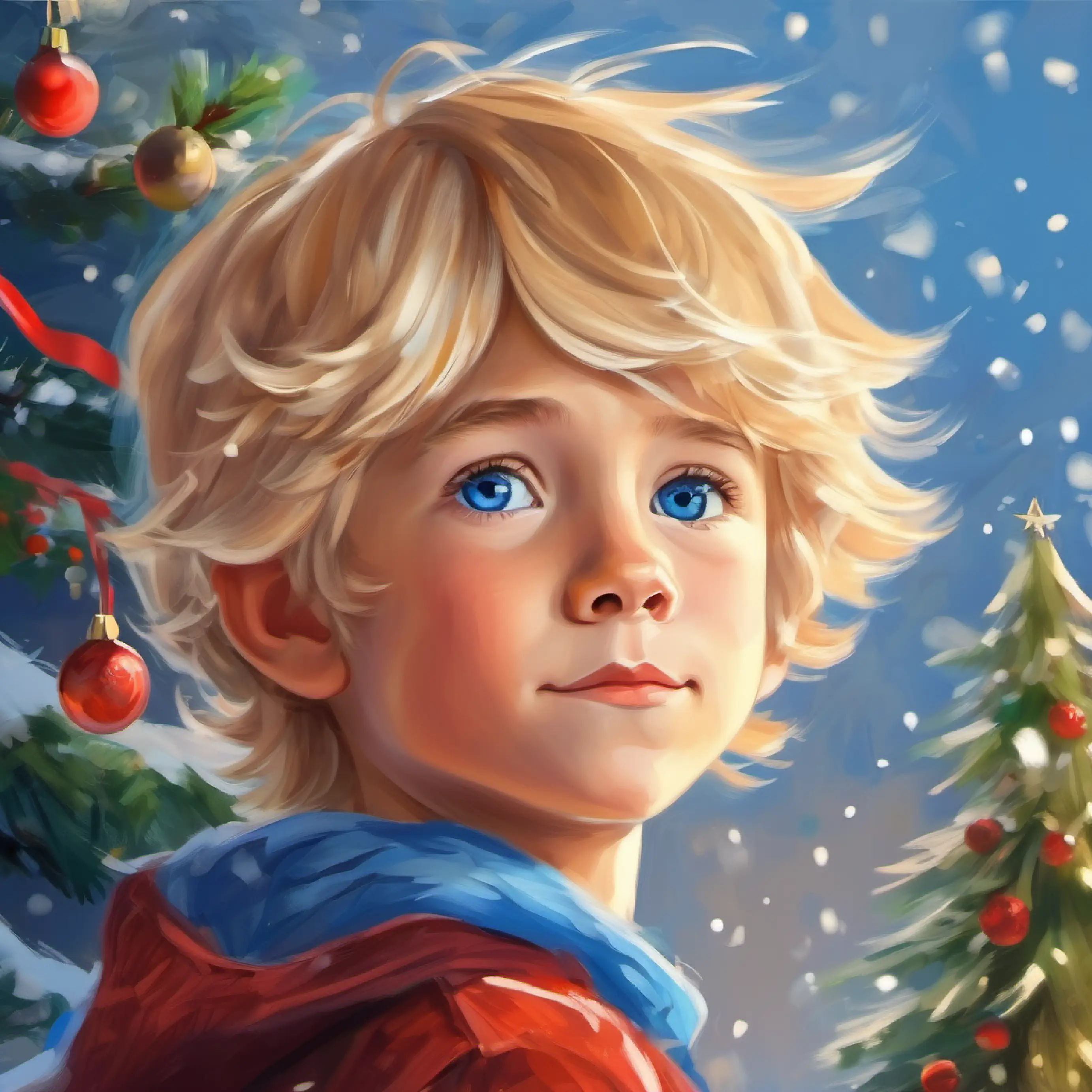 Describes 8 year old boy, blond hair, blue eyes, artistic and gentle nature starting a drawing, focuses on hair.