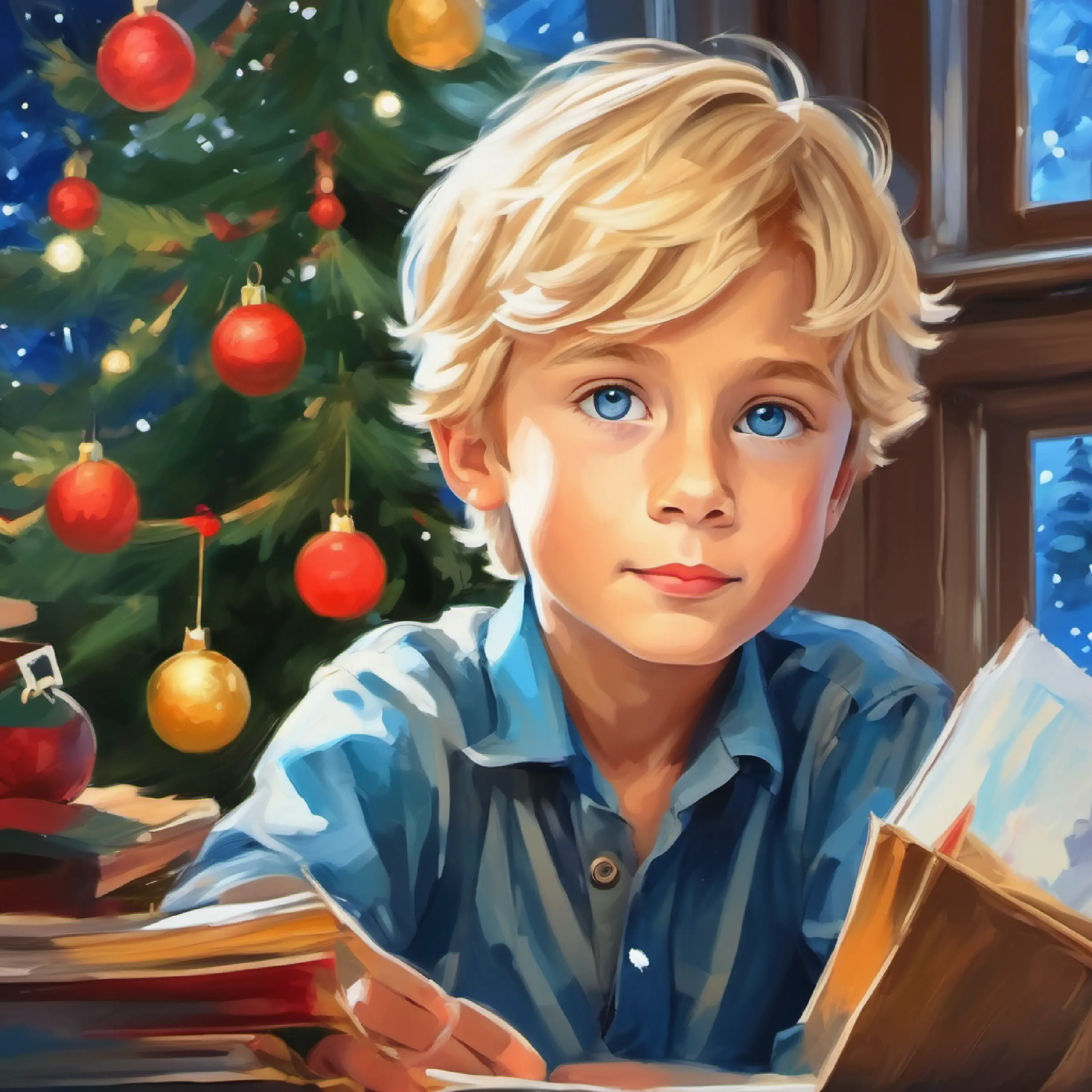 8 year old boy, blond hair, blue eyes, artistic and gentle nature finishes his drawing, content with the peaceful atmosphere.