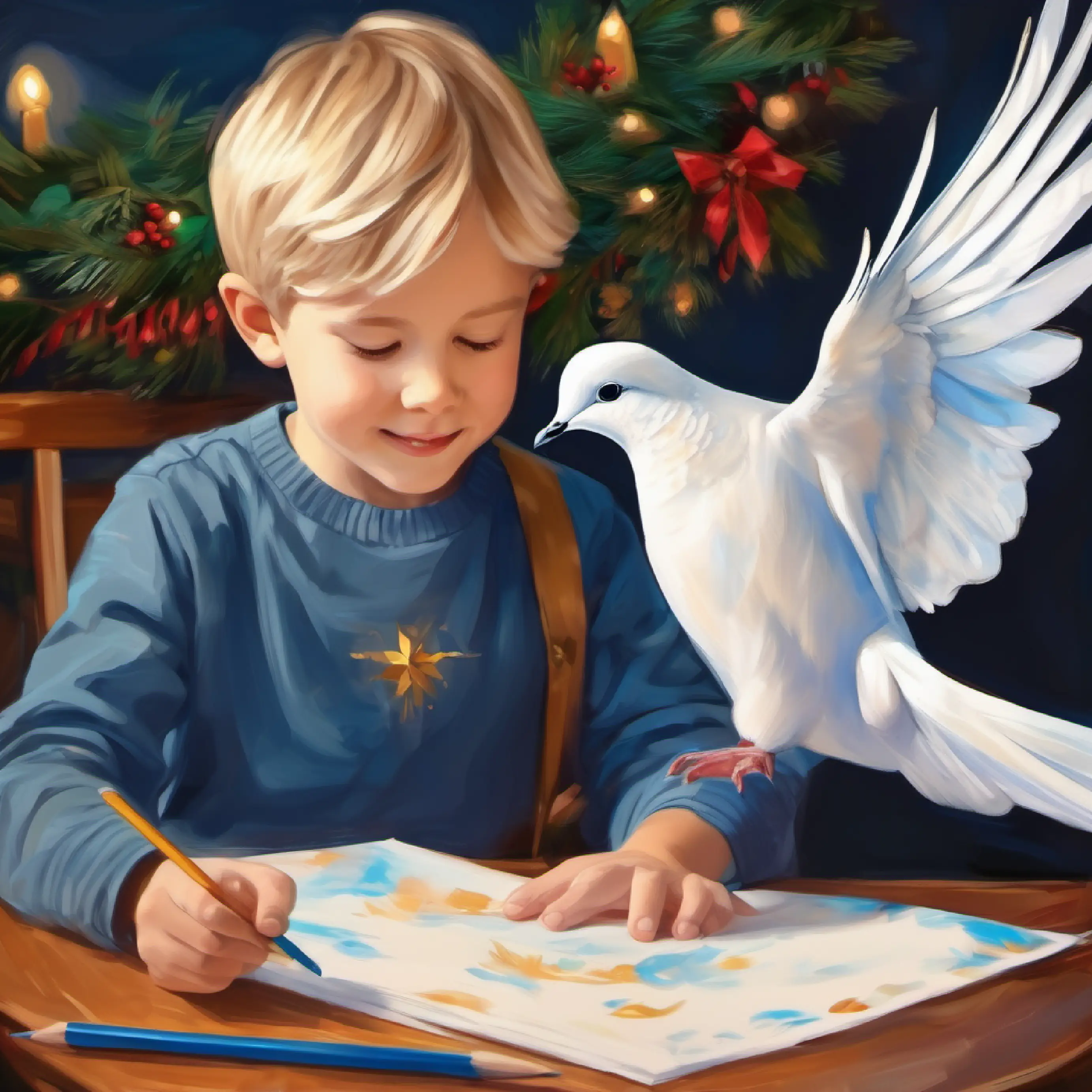 8 year old boy, blond hair, blue eyes, artistic and gentle nature drawing wings of a dove, focuses on the drawing.