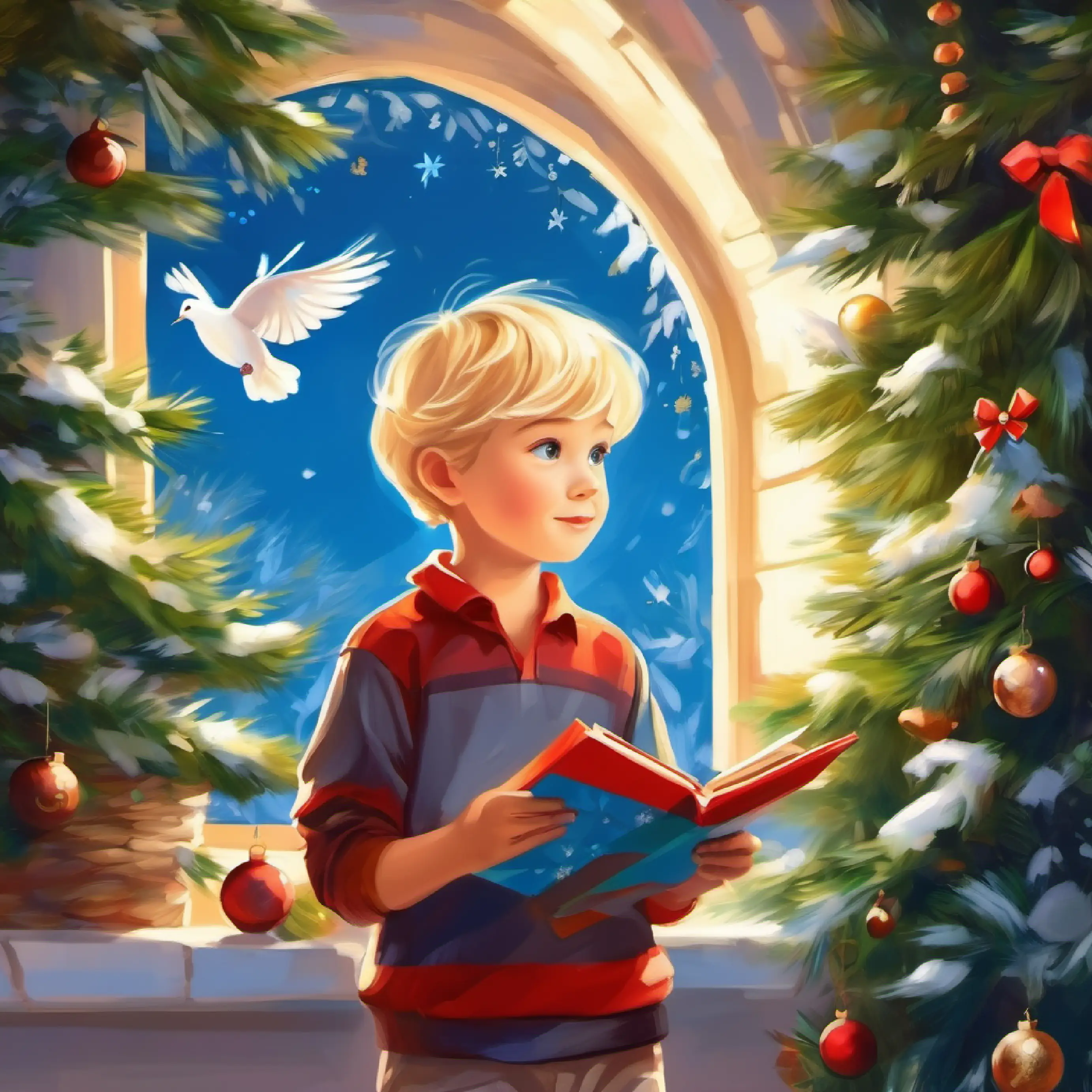 8 year old boy, blond hair, blue eyes, artistic and gentle nature focusing on adding the dove's body.