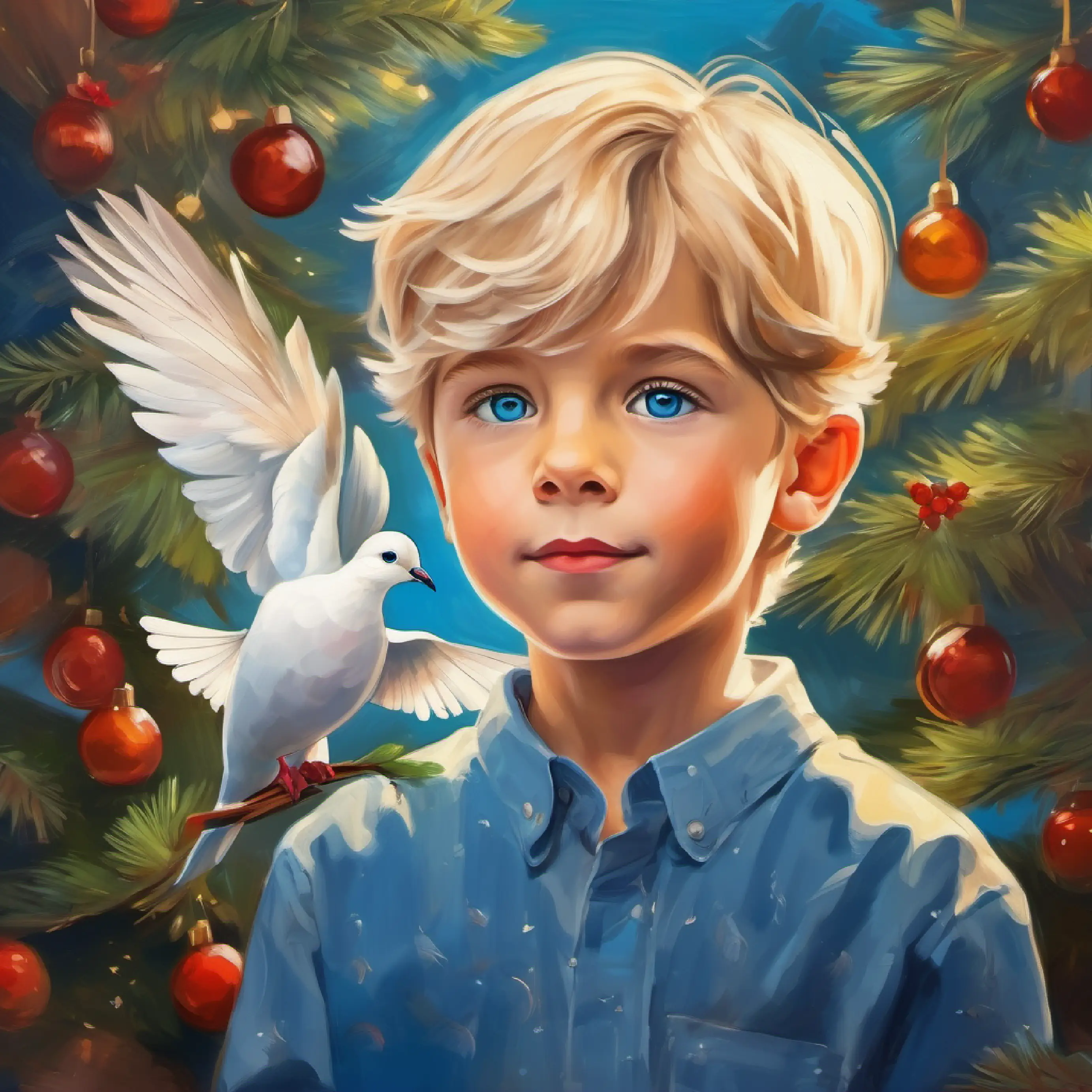 8 year old boy, blond hair, blue eyes, artistic and gentle nature drawing the beak and eyes of the dove.