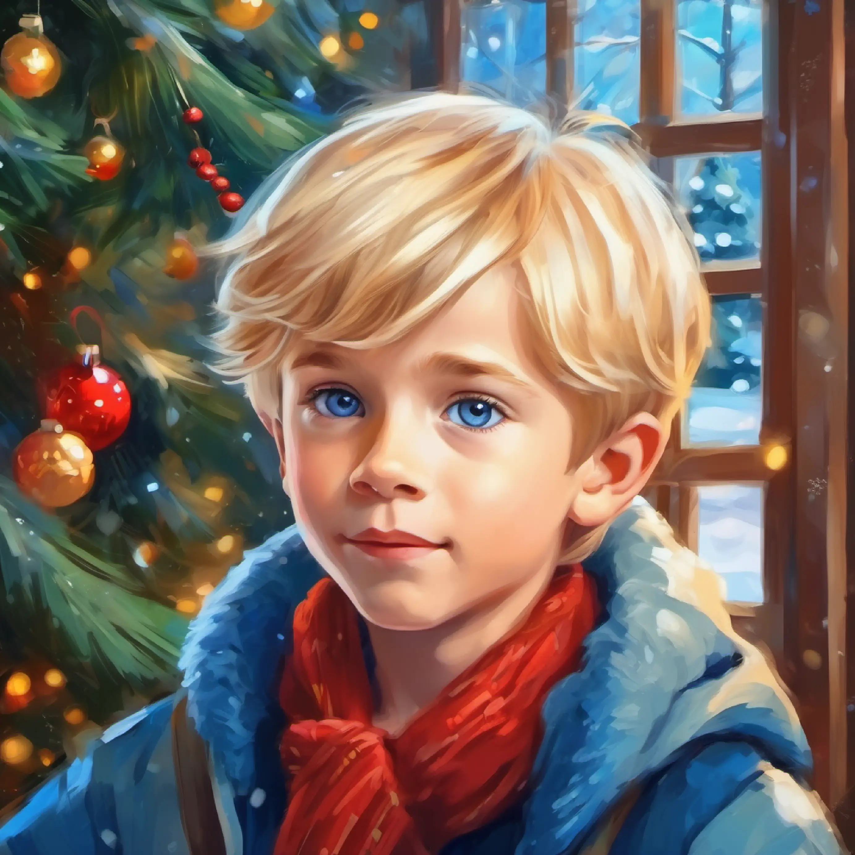 8 year old boy, blond hair, blue eyes, artistic and gentle nature considers enhancing the scenery in his drawing.