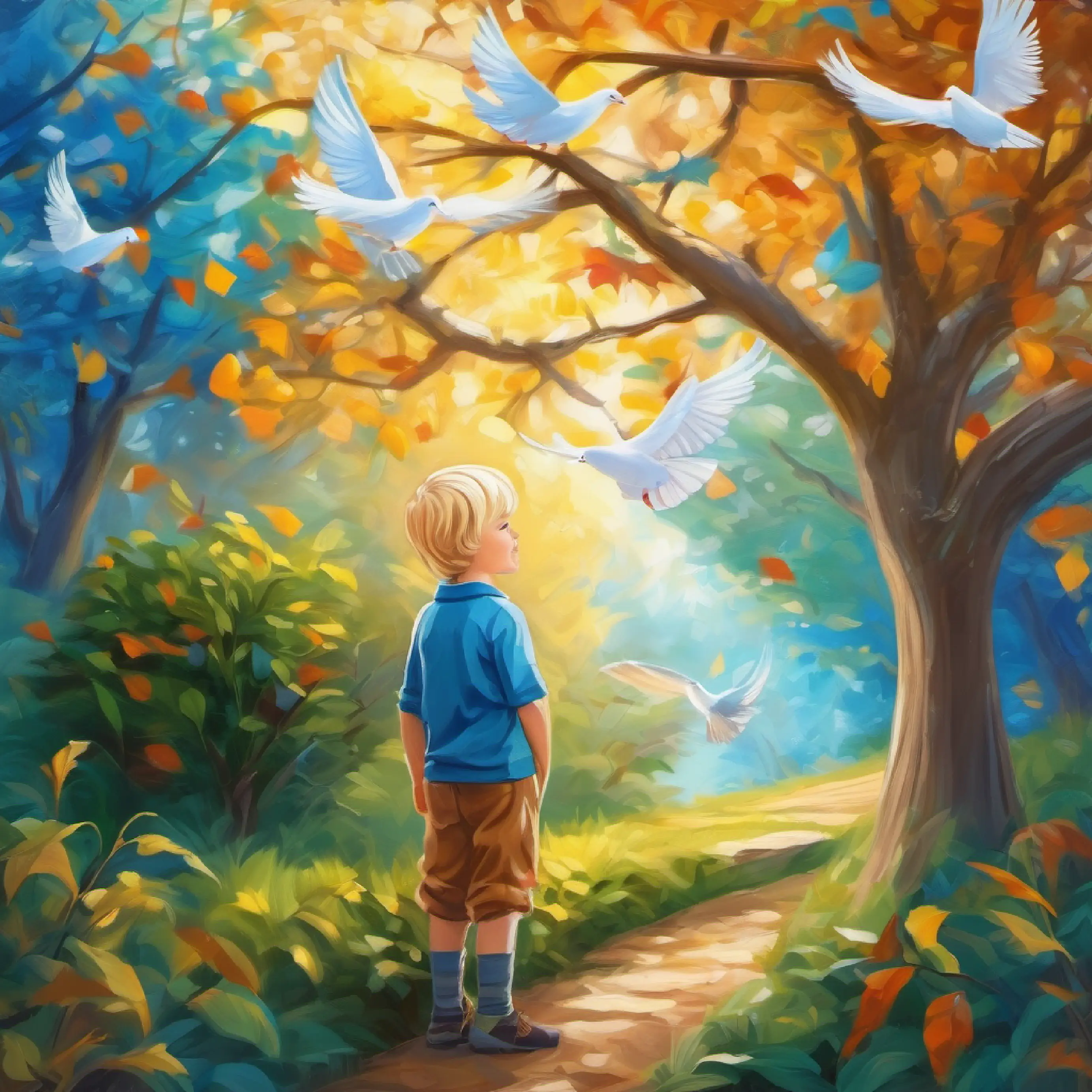 8 year old boy, blond hair, blue eyes, artistic and gentle nature drawing a tree next to the dove in his picture.