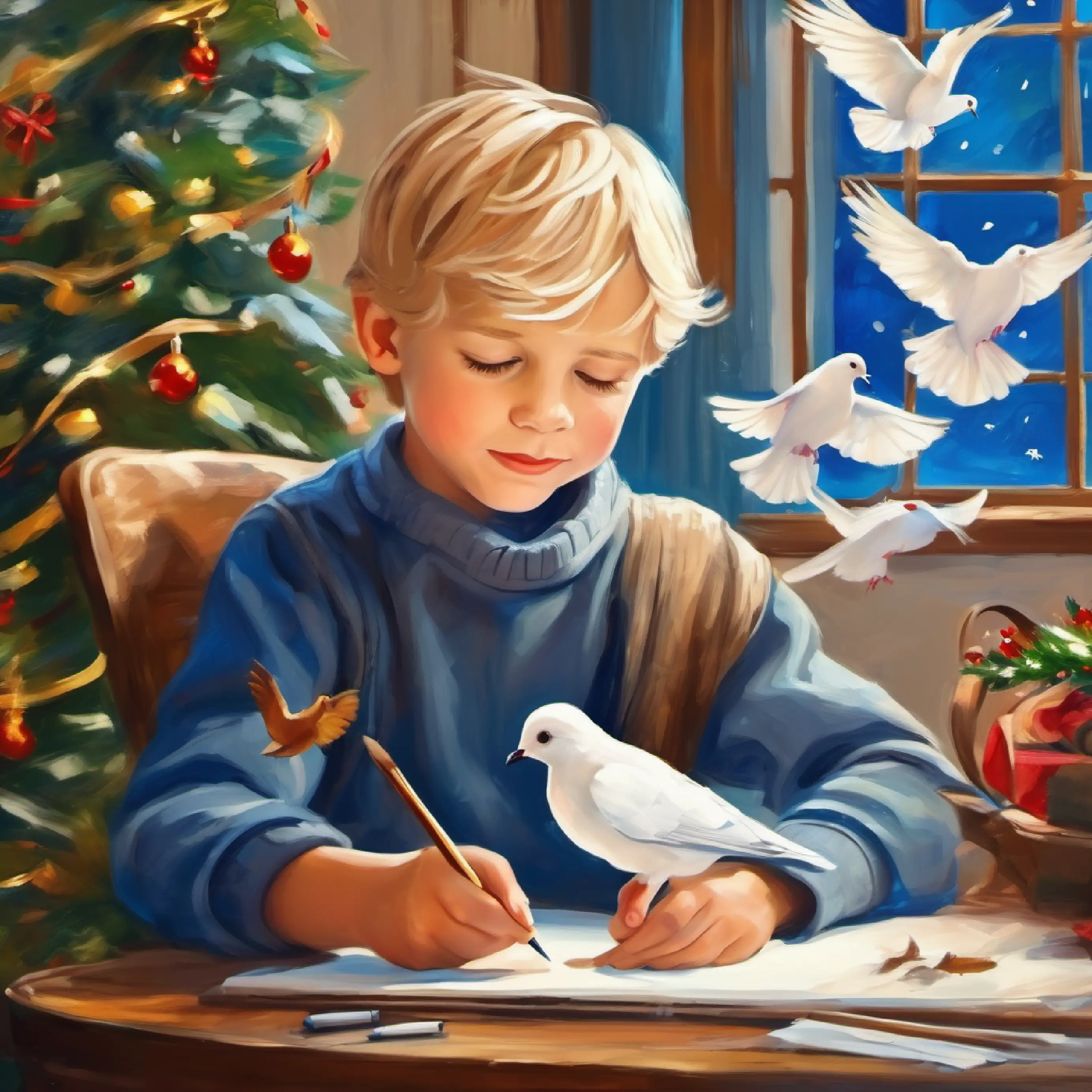 8 year old boy, blond hair, blue eyes, artistic and gentle nature adds a family of doves to his drawing.