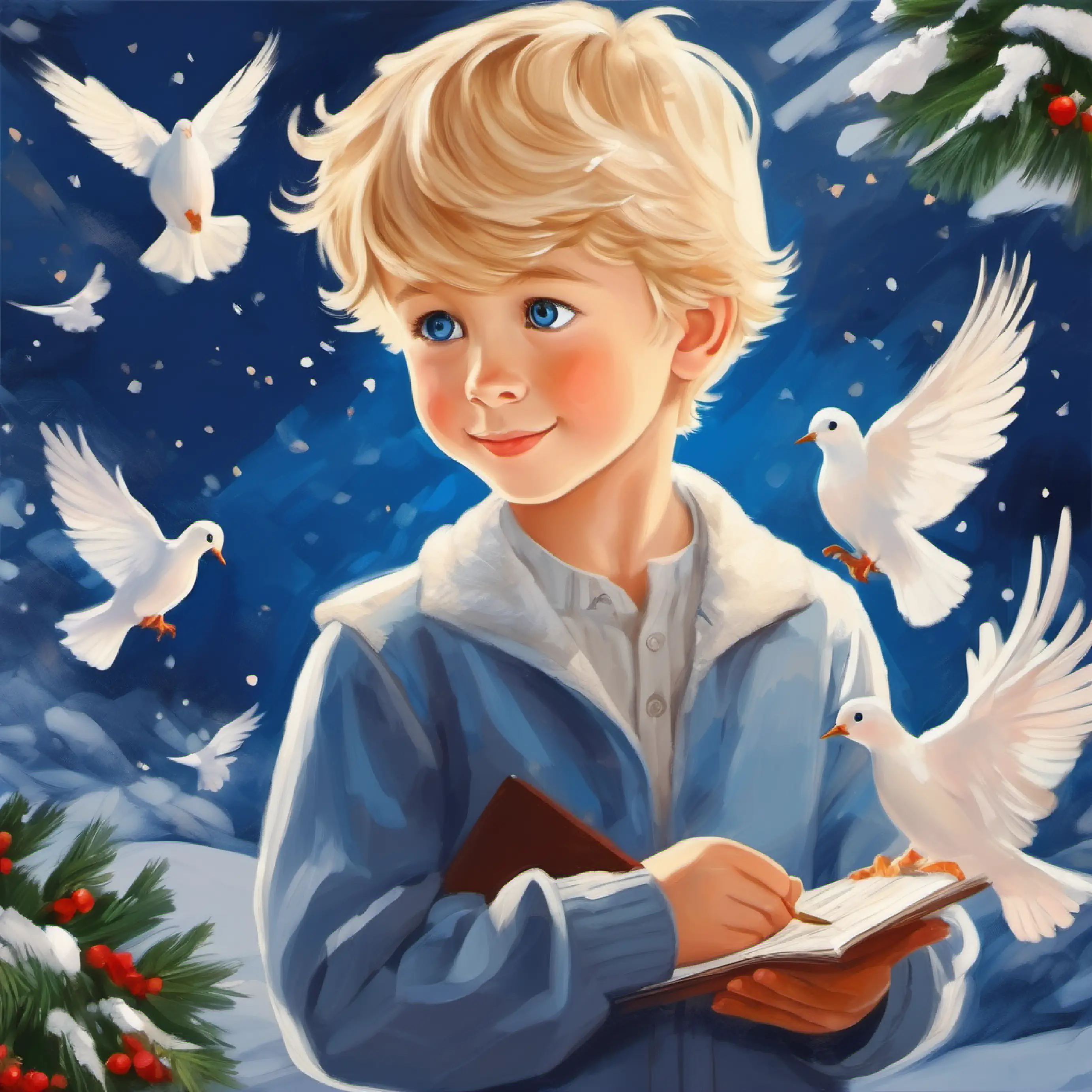 8 year old boy, blond hair, blue eyes, artistic and gentle nature personalizes his drawing by naming the doves.