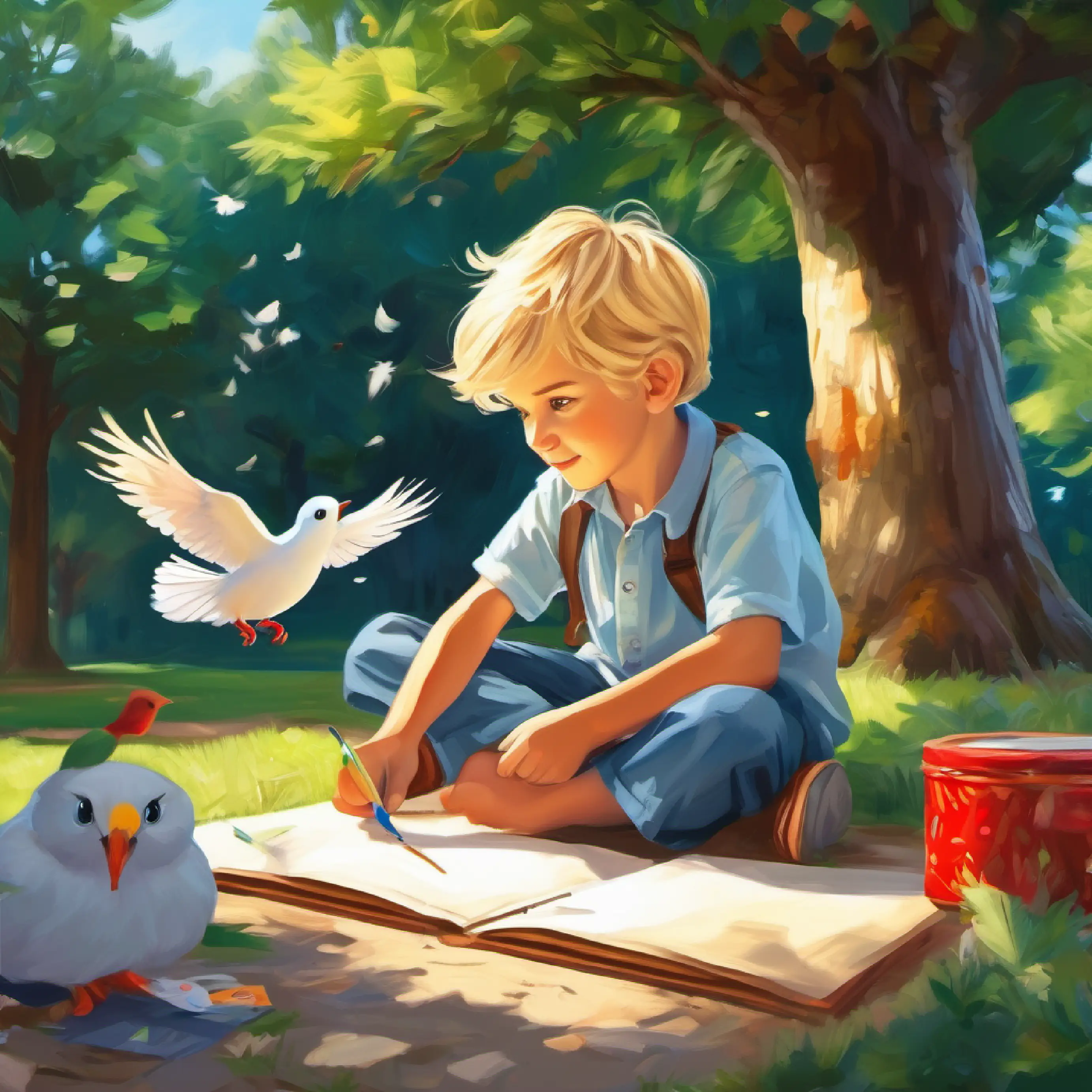 Introduces 8 year old boy, blond hair, blue eyes, artistic and gentle nature sitting under a tree outside on a sunny day with drawing supplies. There is a dove flying next to him. 