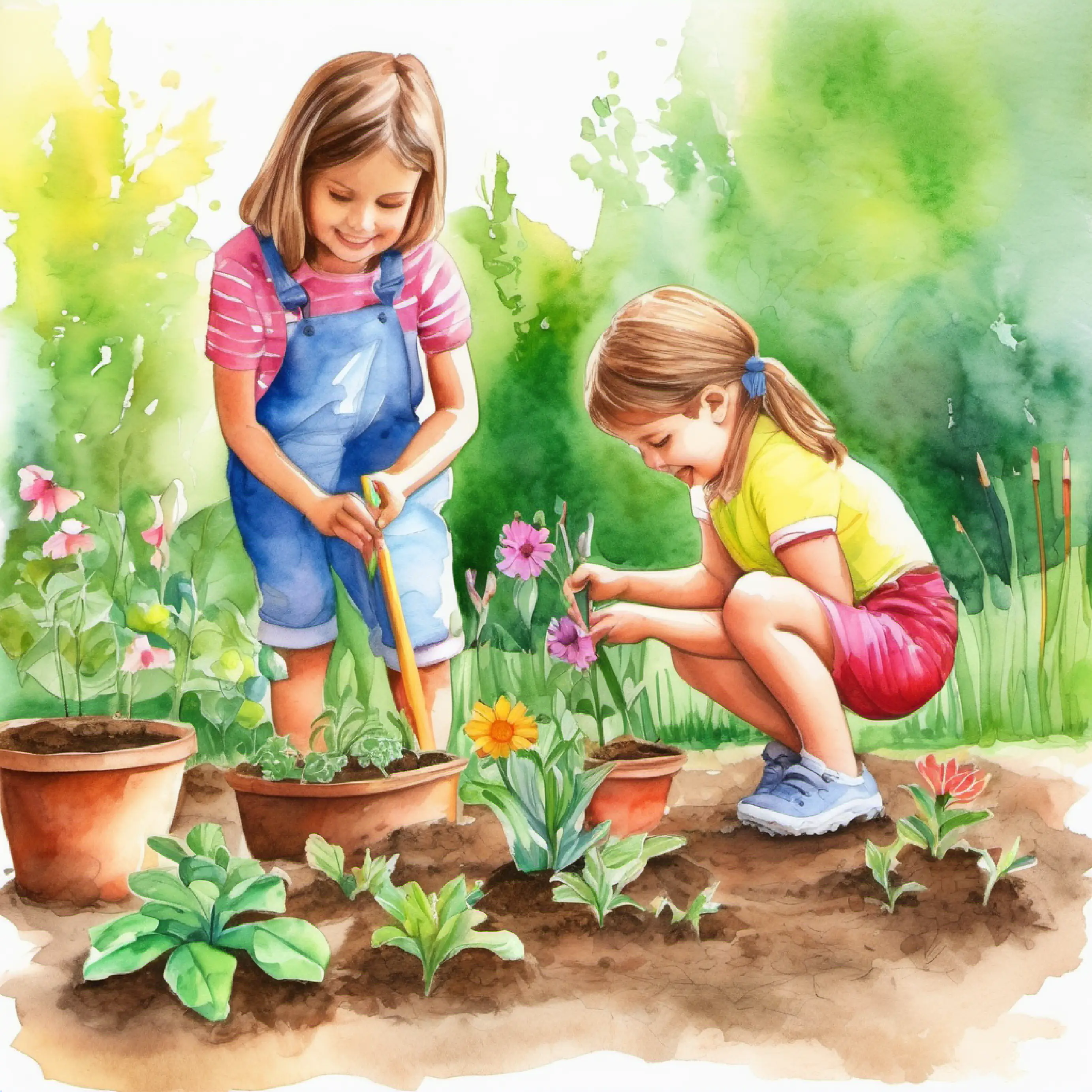 Children help plant flowers, garden as a place of learning.