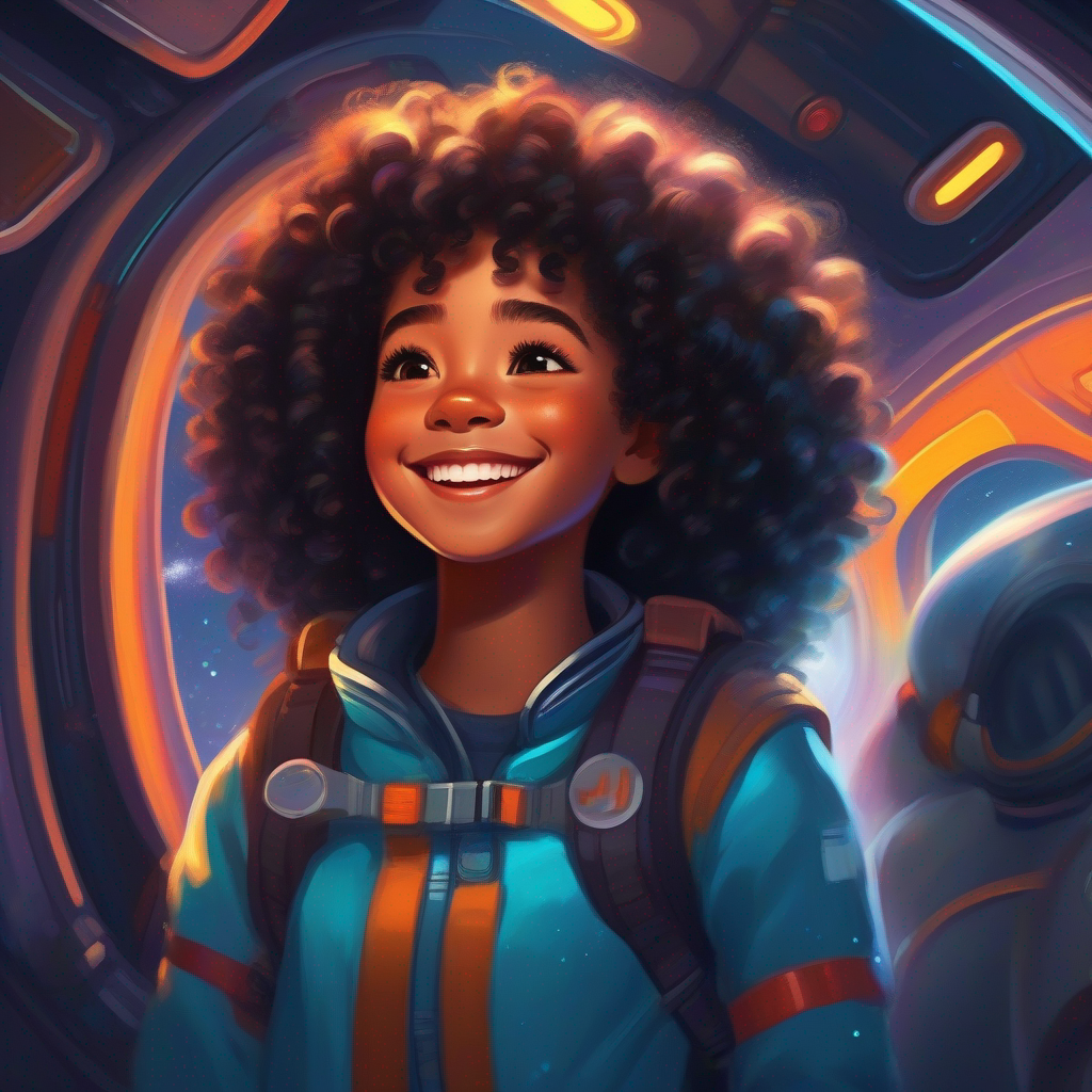 Brave black girl with curly hair, bright smile. with curly hair and a bright smile in a spaceship.