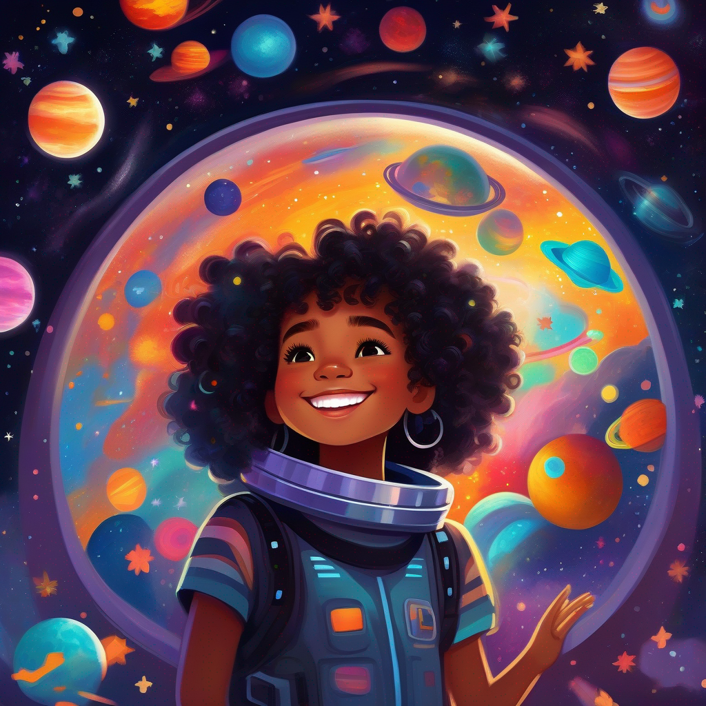 Brave black girl with curly hair, bright smile. in a spaceship surrounded by colorful stars and planets.