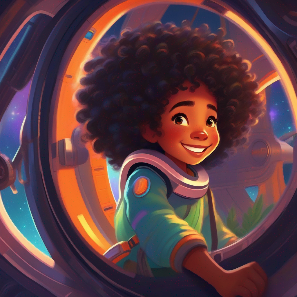 Brave black girl with curly hair, bright smile. looking out of her spaceship with a joyful expression.