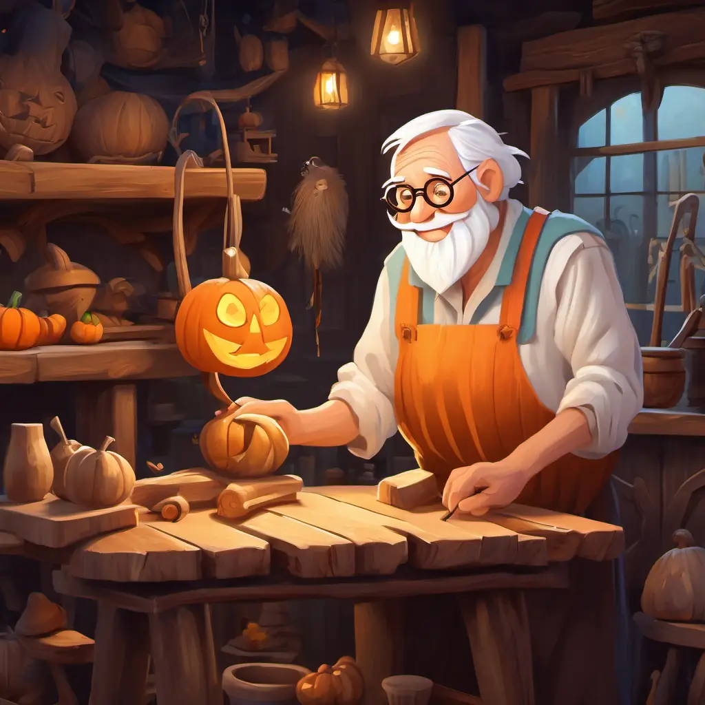 The story starts in a cozy woodcarver's workshop in a small village, where A kind-hearted old man with white hair and spectacles is carving the puppet A wooden puppet with a mischievous grin and a long nose.