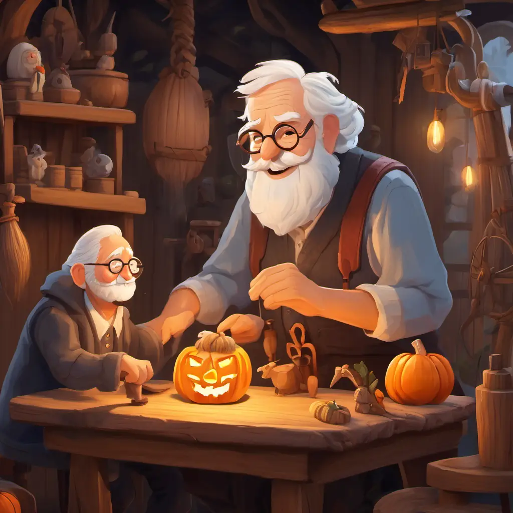 A kind-hearted old man with white hair and spectacles is shown giving advice to A wooden puppet with a mischievous grin and a long nose in their cozy woodcarver's workshop.