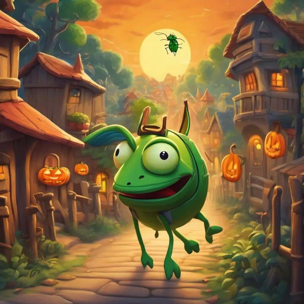 A wooden puppet with a mischievous grin and a long nose and A tiny, green cricket with glasses and a wise smile walk through a lively village, encountering friendly animals and people.