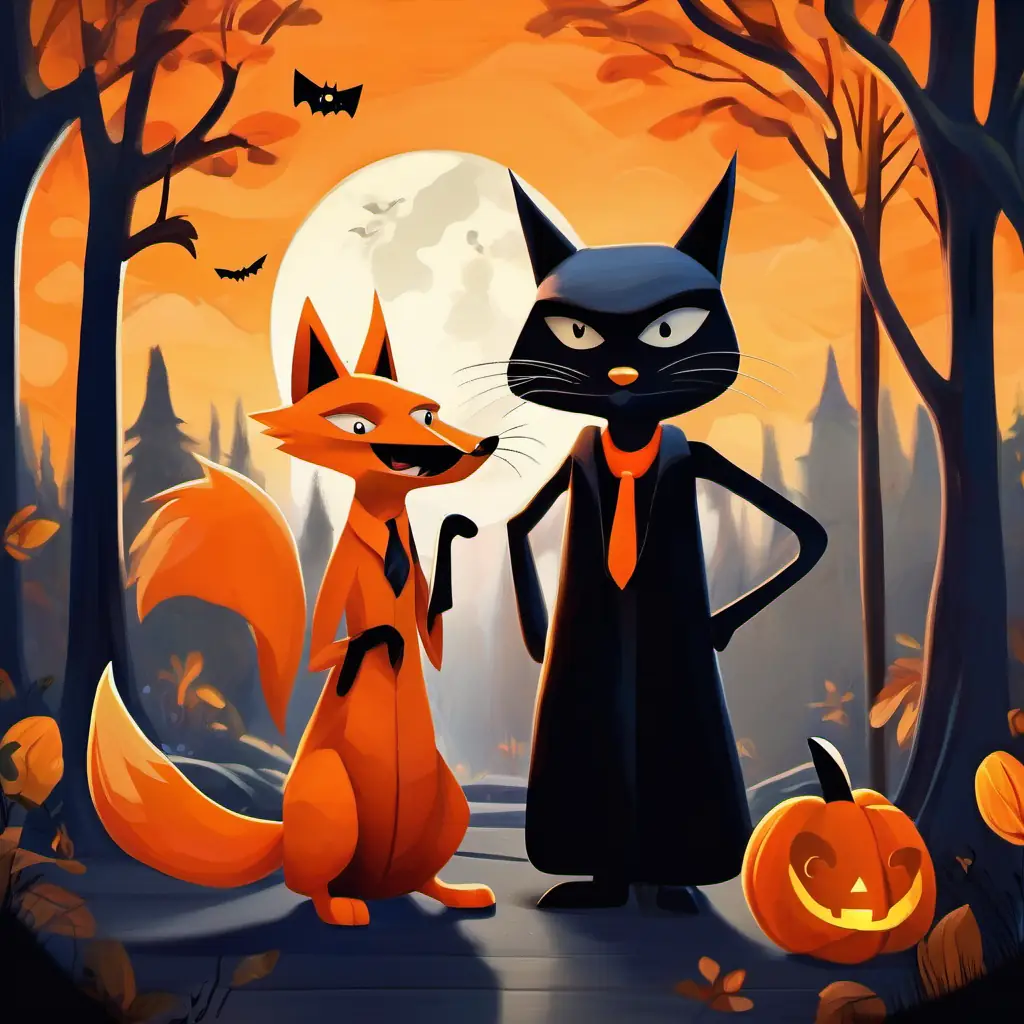 A wooden puppet with a mischievous grin and a long nose meeting the A slim, orange fox with a sneaky expression and A sleek, black cat with mischievous eyes in a dark forest, with Pleasure Island in the background.