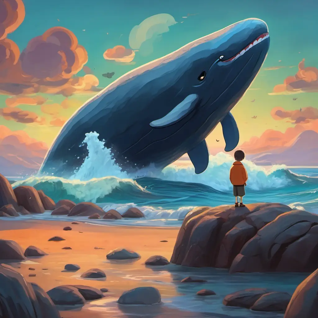 A wooden puppet with a mischievous grin and a long nose standing on a rocky shore, staring at the massive giant whale in the ocean.