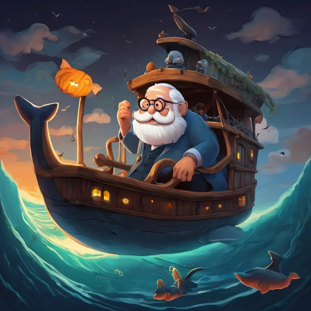 Inside the dark belly of the giant whale, A wooden puppet with a mischievous grin and a long nose and A kind-hearted old man with white hair and spectacles work together to find a way out.