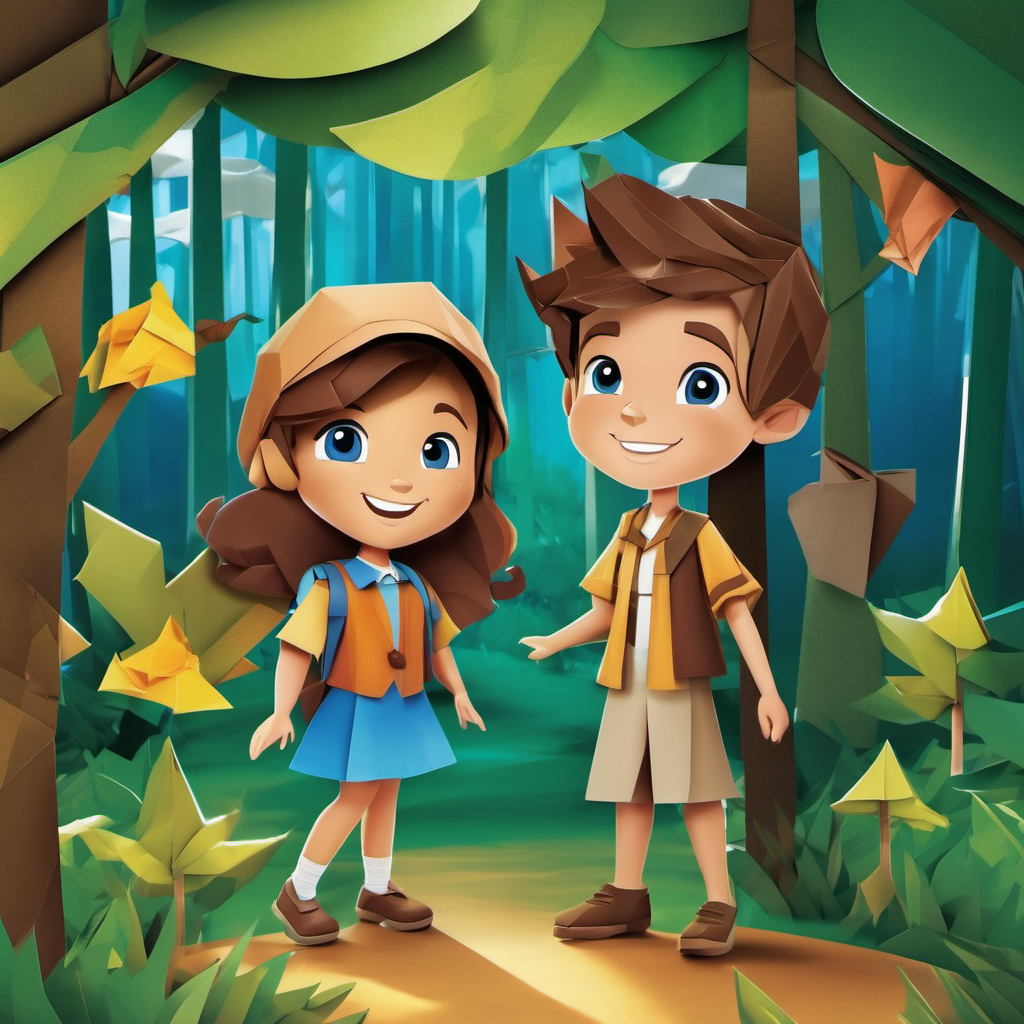 The story begins in Phonicsville with Olivia has fair skin, brown eyes, and a friendly smile and Max has tan skin, blue eyes, and a mischievous grin standing near a sign that says 'Enchanted Forest' surrounded by trees and sunlight.