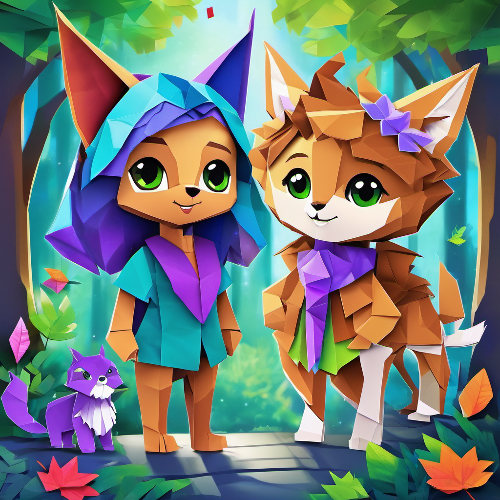 Olivia has fair skin, brown eyes, and a friendly smile and Max has tan skin, blue eyes, and a mischievous grin walking with Wizzy is a cute creature with purple fur and sparkly green eyes, who has purple fur and sparkly green eyes, in the colorful enchanted forest.