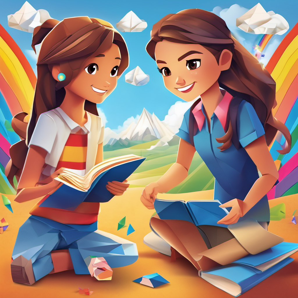 Olivia has fair skin, brown eyes, and a friendly smile and Max has tan skin, blue eyes, and a mischievous grin holding hands and smiling, with a rainbow and a magic book in the background.