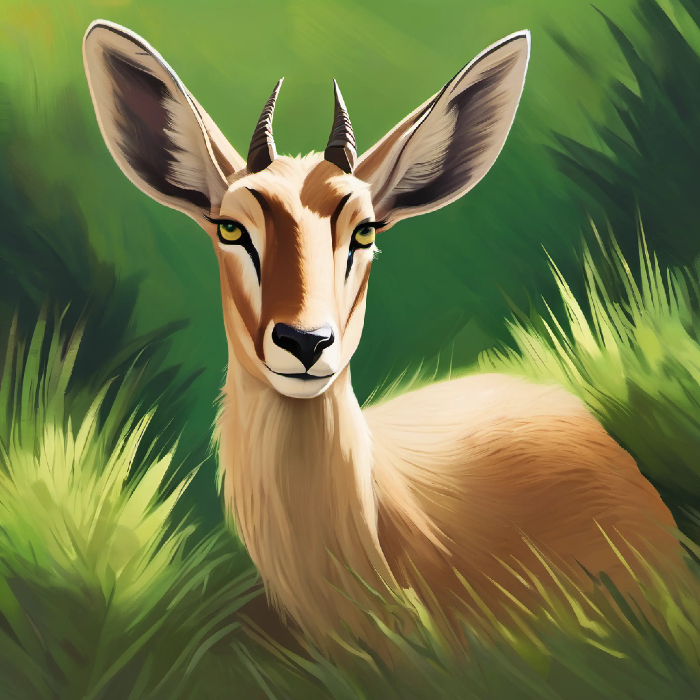 Swift antelope, tan fur, sharp green eyes suggests resting and planning next steps for mission.