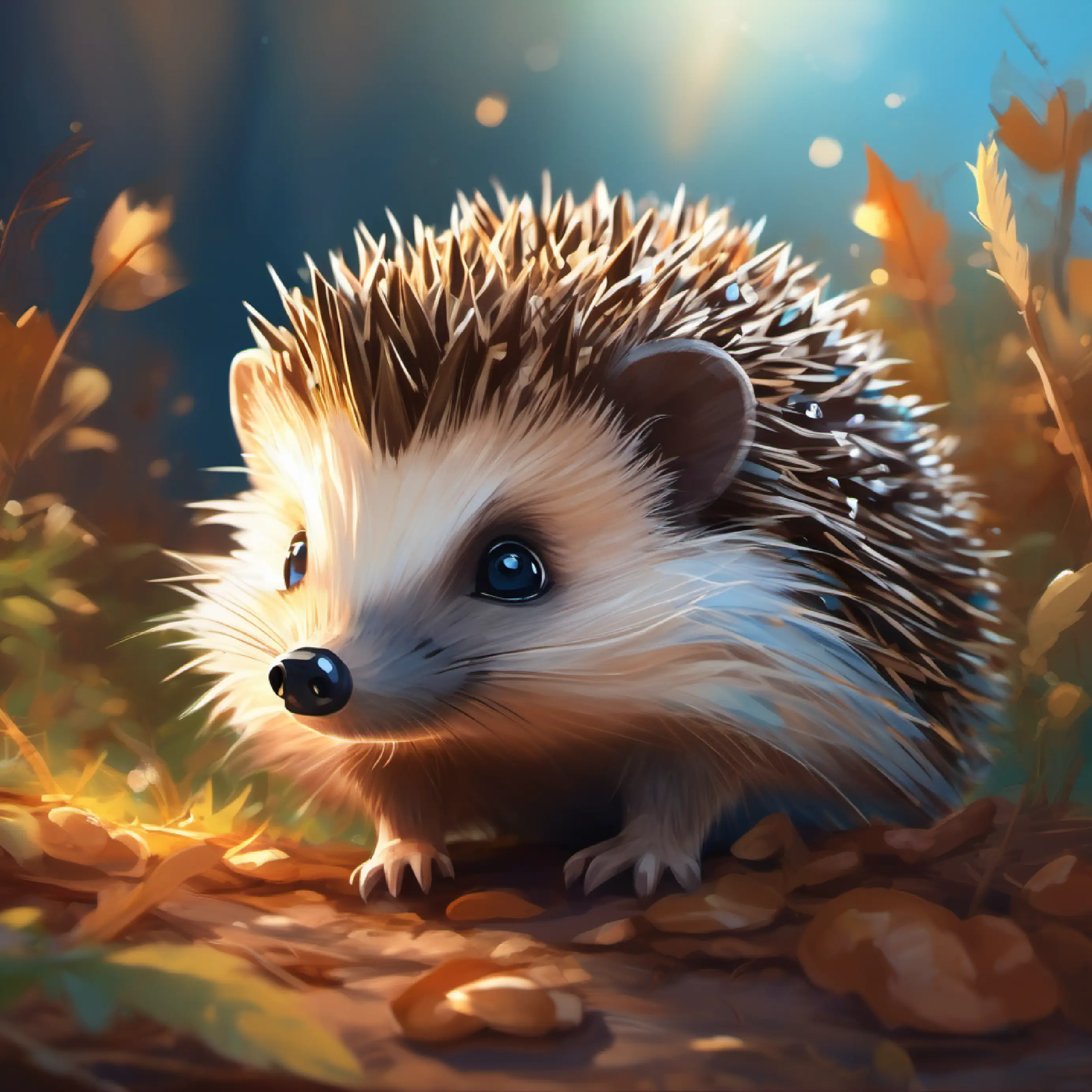 Small hedgehog, brown spines, sparkling blue eyes shows determination, encourages friends to continue.