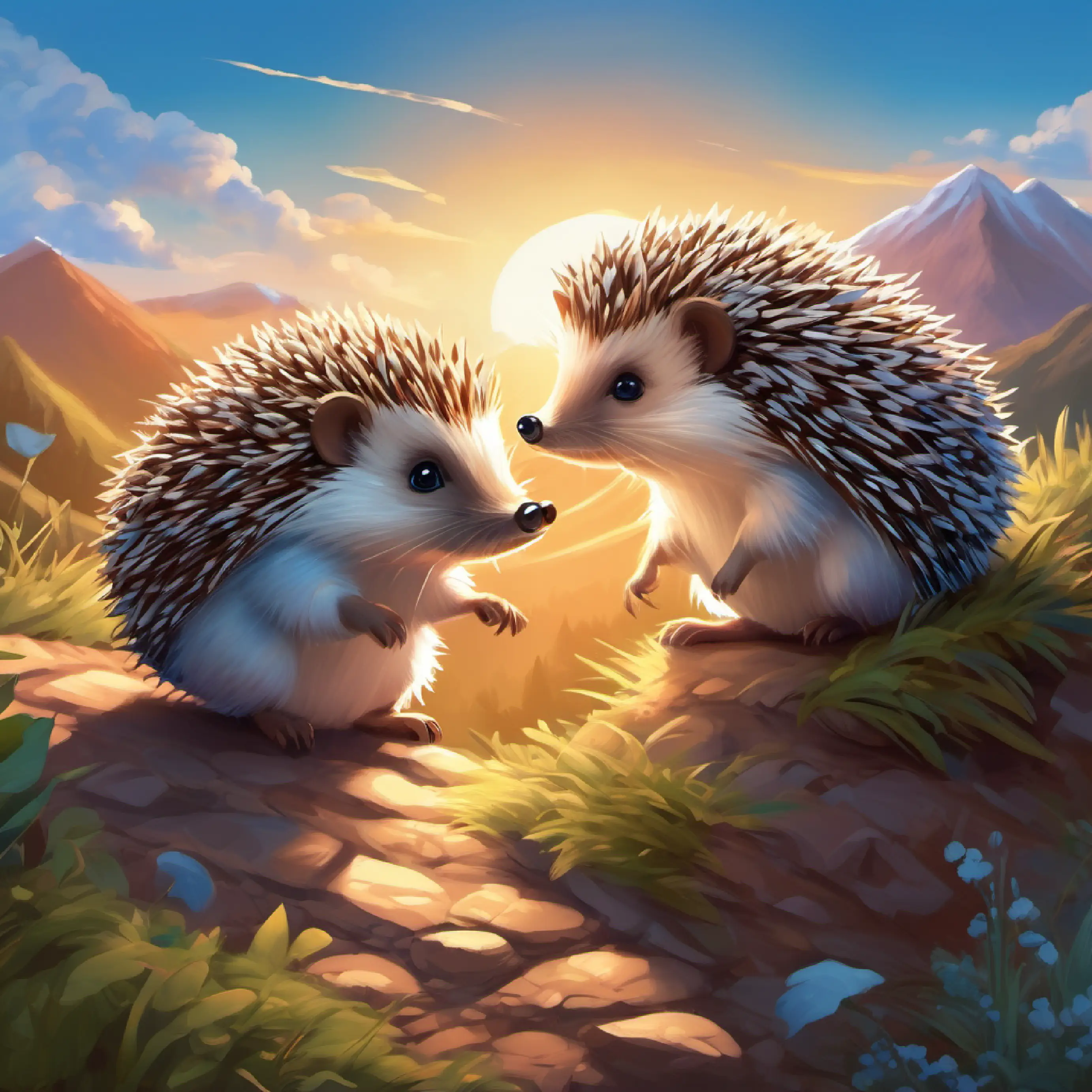 Friends climb mountains, help each other with Small hedgehog, brown spines, sparkling blue eyes leading.