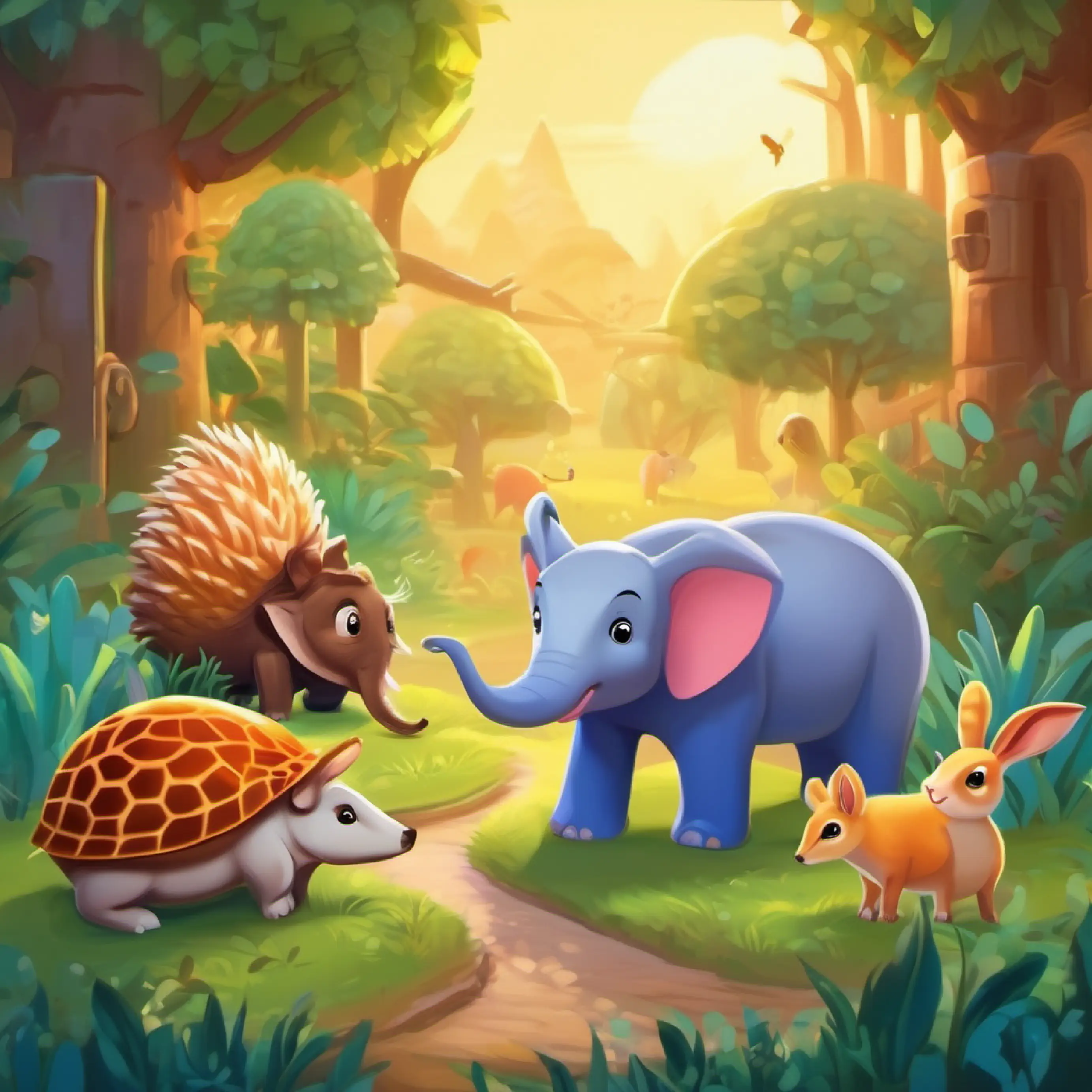 Introduction to five animal friends in Brightville with a hedgehog, elephant, antelope, rabbit and turtle