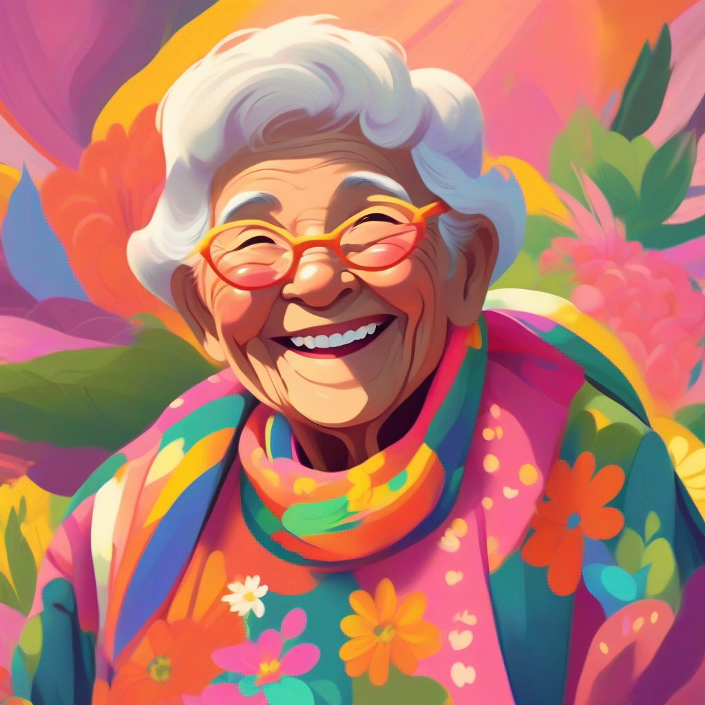 Grandmother with colorful clothes and a big smile.
