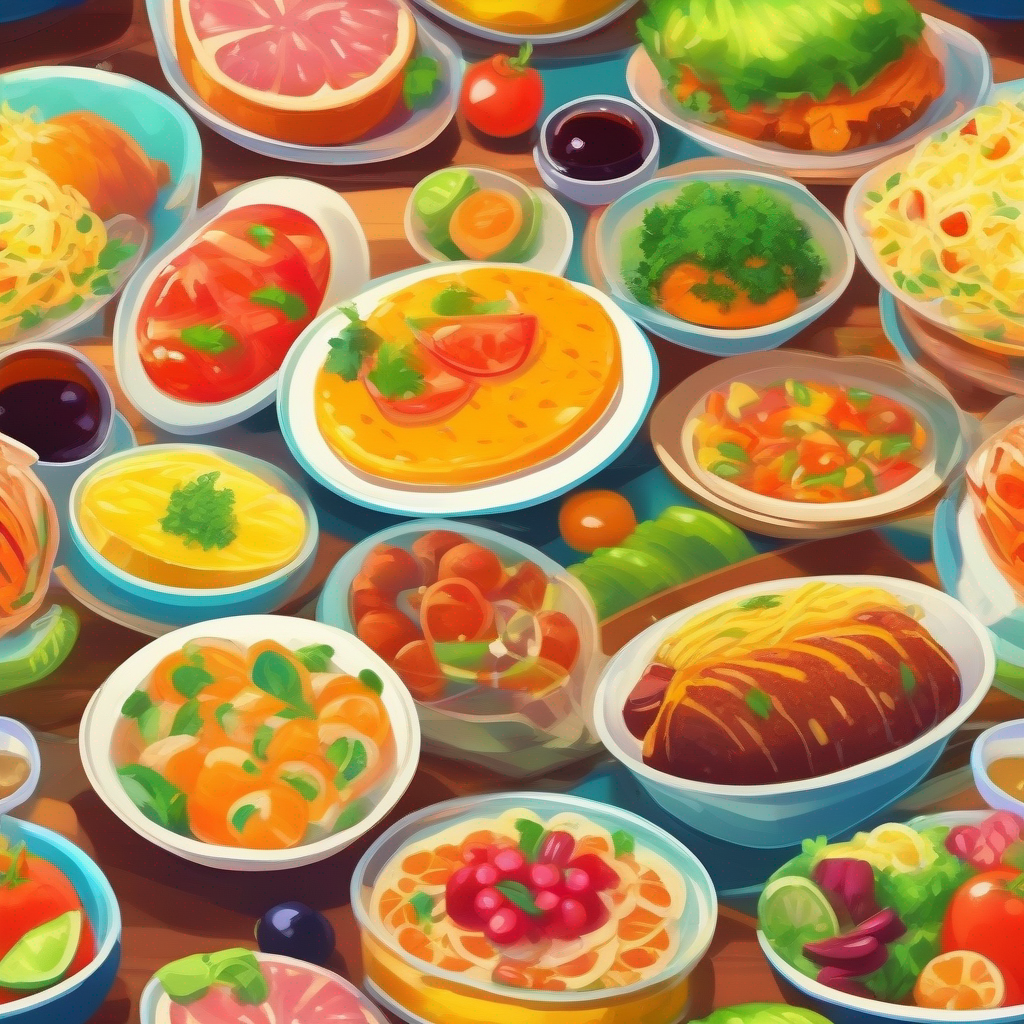 Plates of colorful food on the table.
