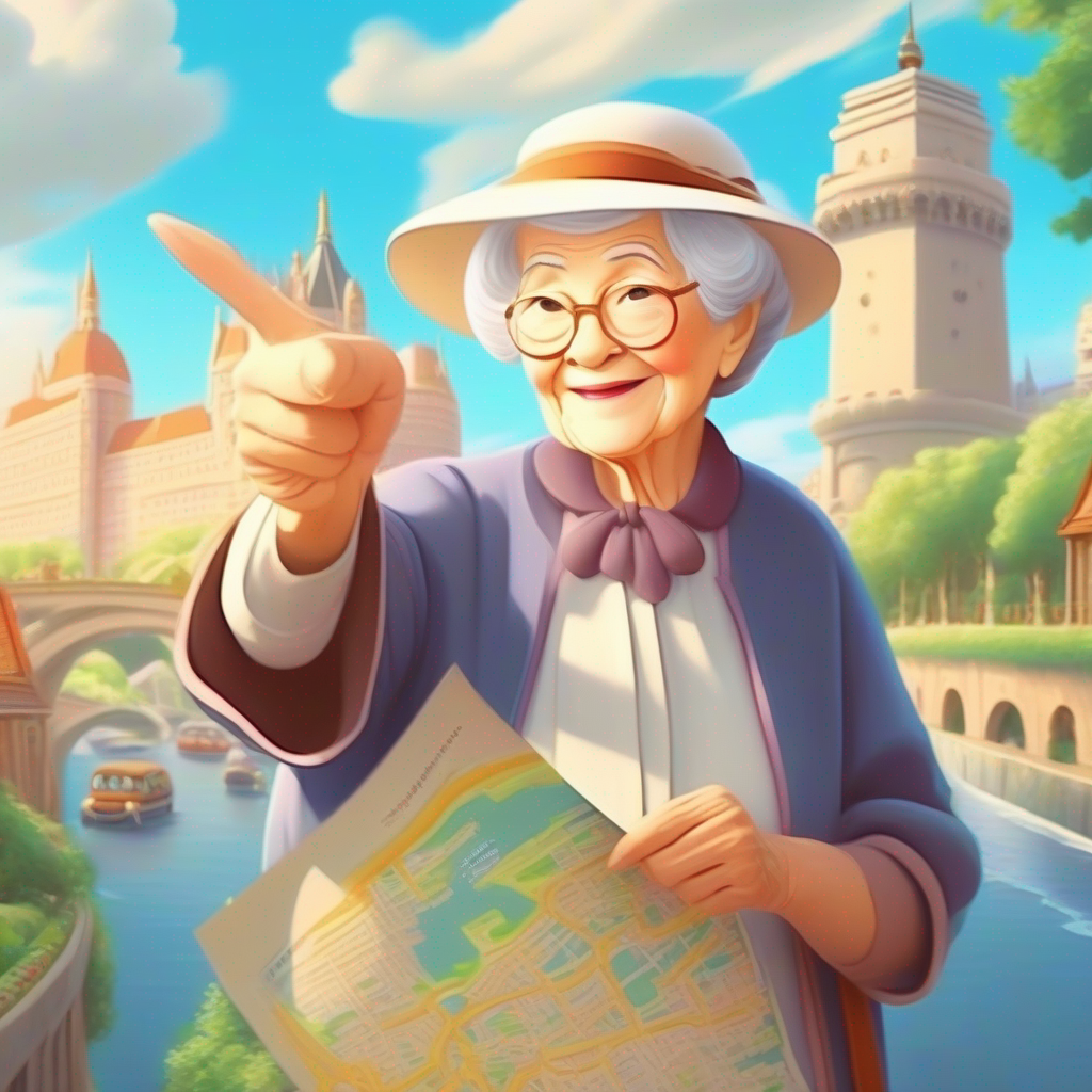 Grandmother pointing at famous landmarks with a map in her hand.