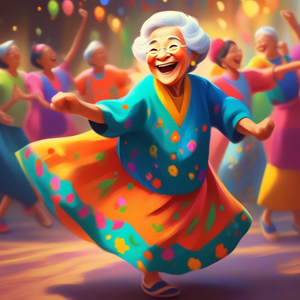 Grandmother dancing with colorful clothes and a big smile.