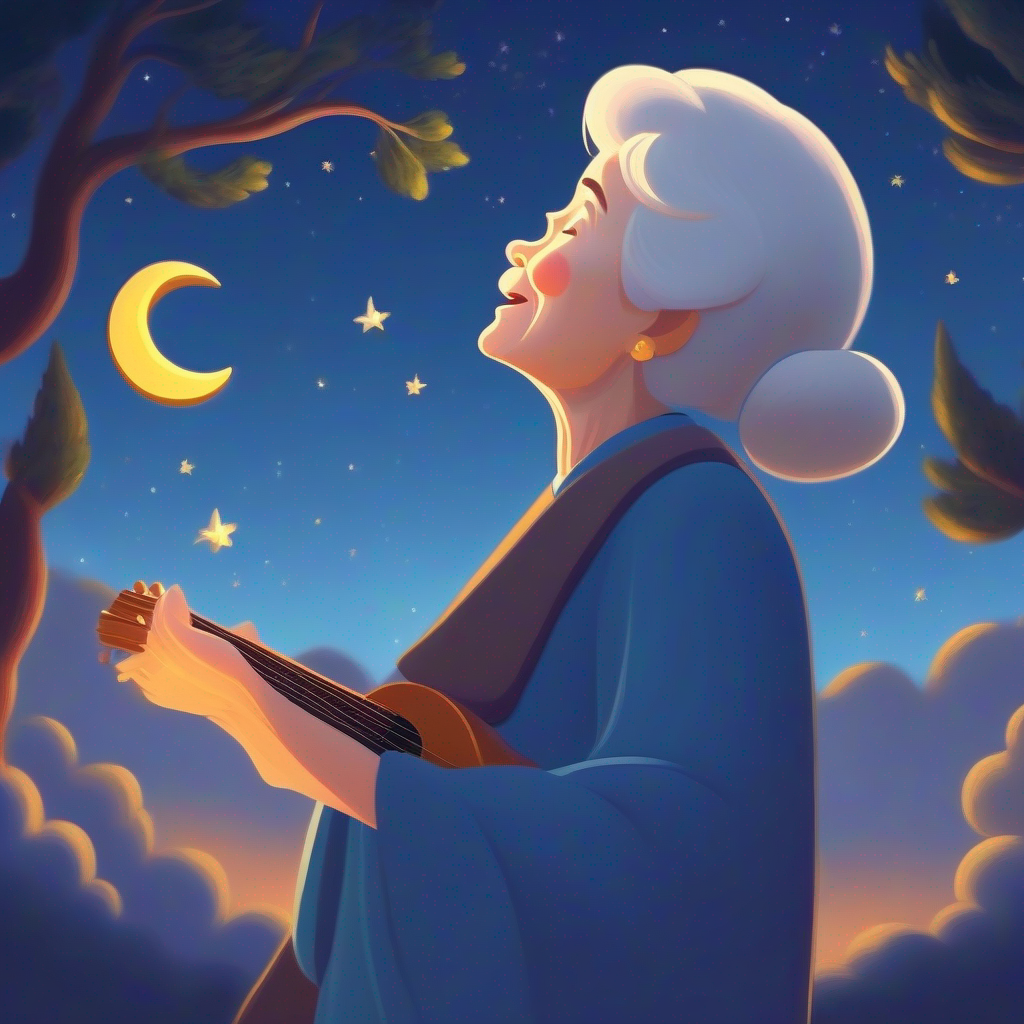 Grandmother singing with a peaceful moon in the background.
