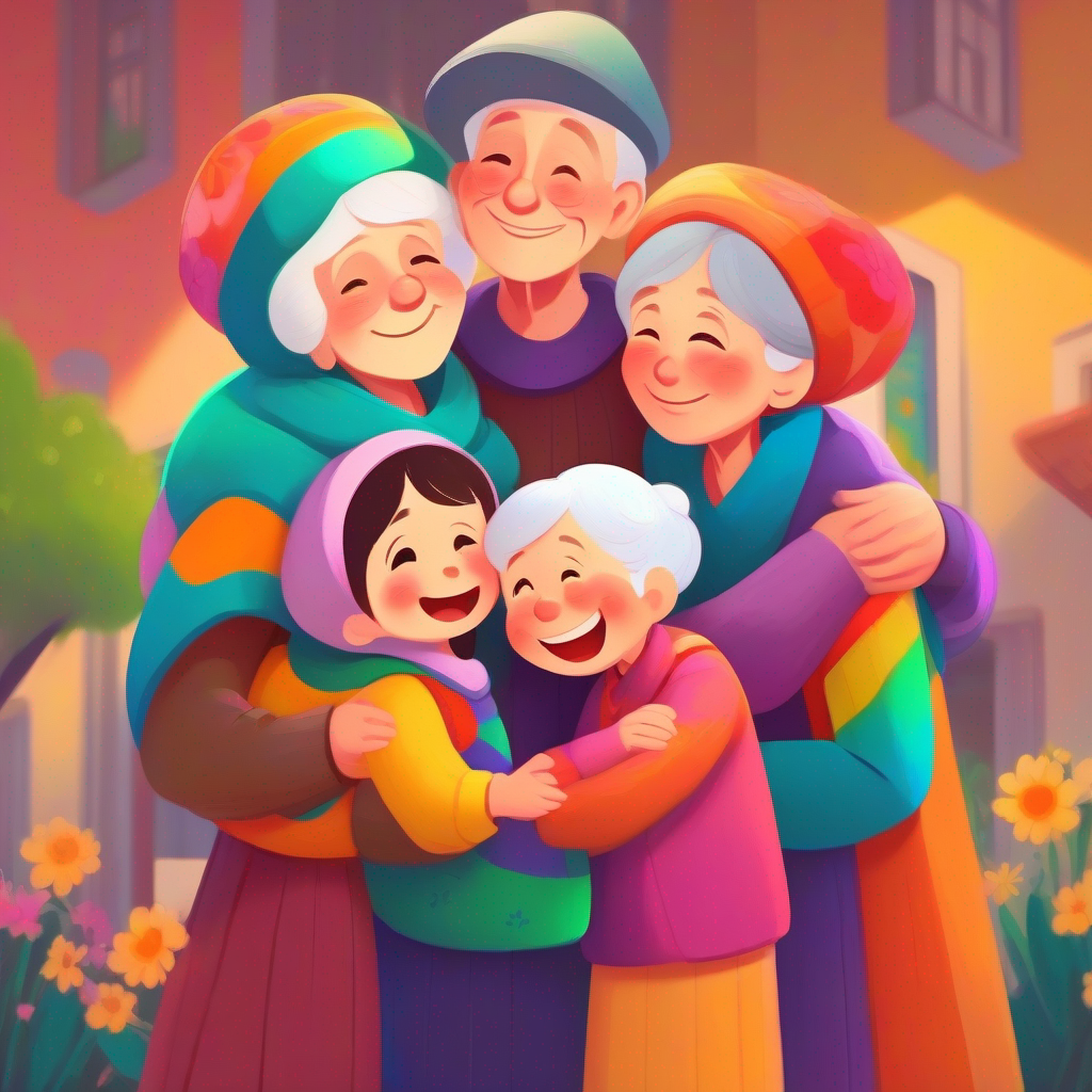 Family hugging Grandmother with colorful clothes and a big smile with a sad expression.