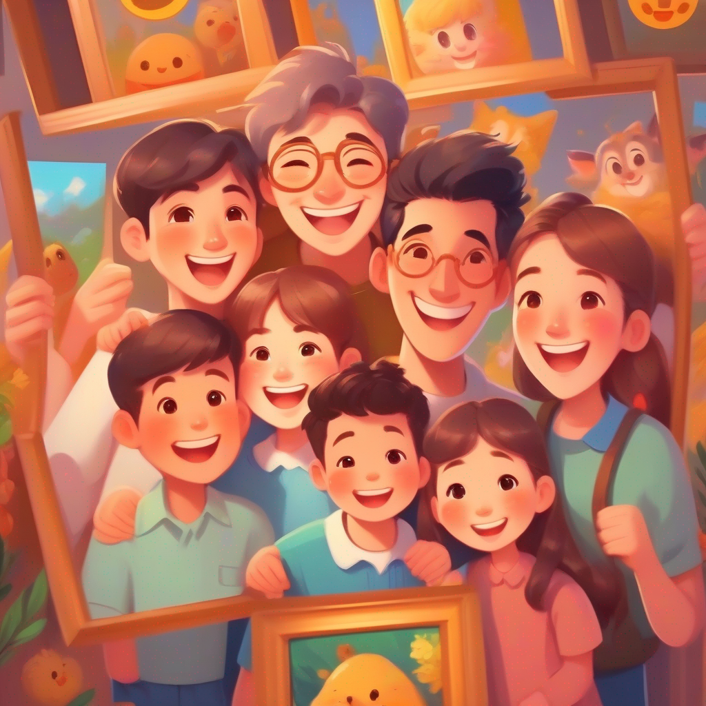 Family surrounding a photo frame with happy faces.