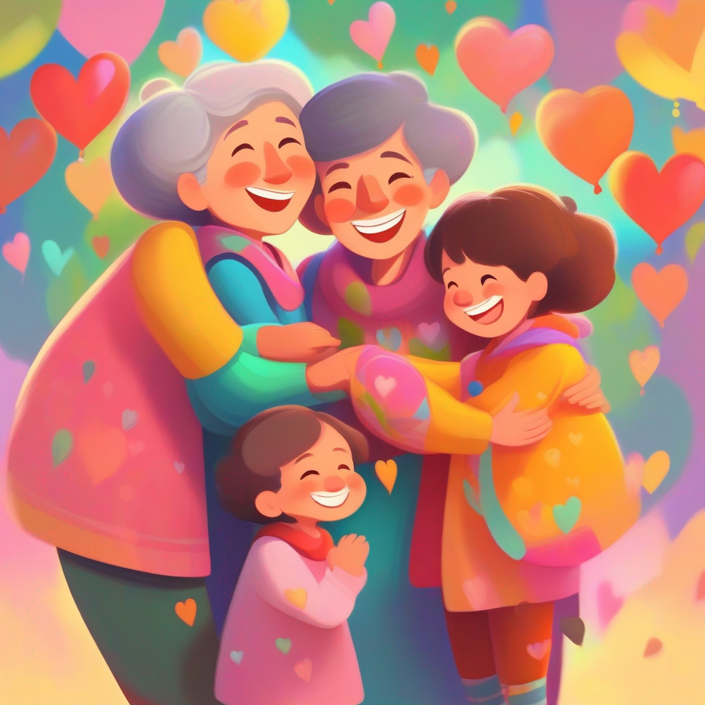 Family hugging Grandmother with colorful clothes and a big smile with big hearts floating around.