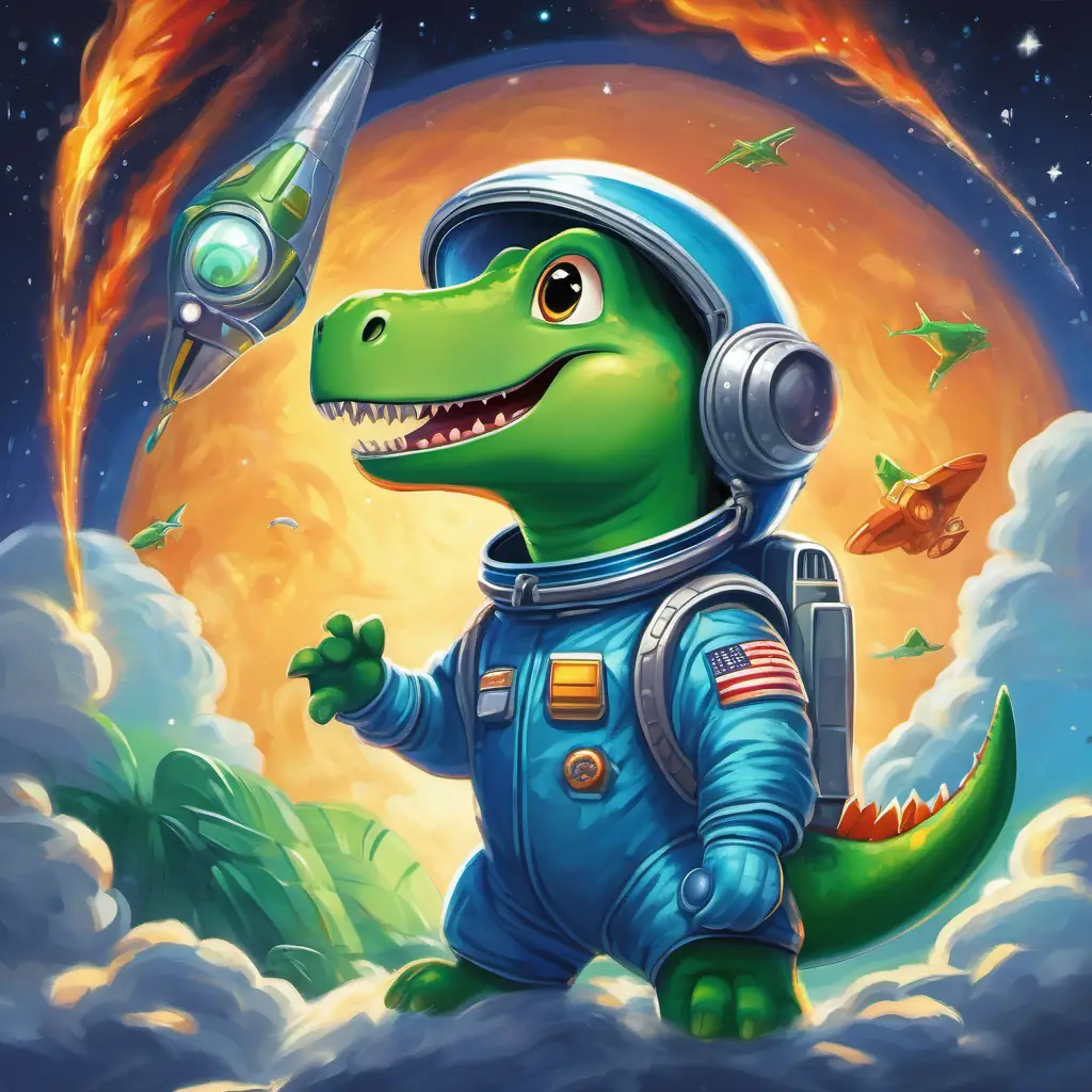 The text appears on a page with an illustration of A friendly green dinosaur with big eyes and a friendly smile, wearing a blue astronaut suit, a green dinosaur with big eyes and a friendly smile. He is wearing a blue astronaut suit and standing next to a A shiny silver spaceship with flames shooting out of its back, ready for an adventure.