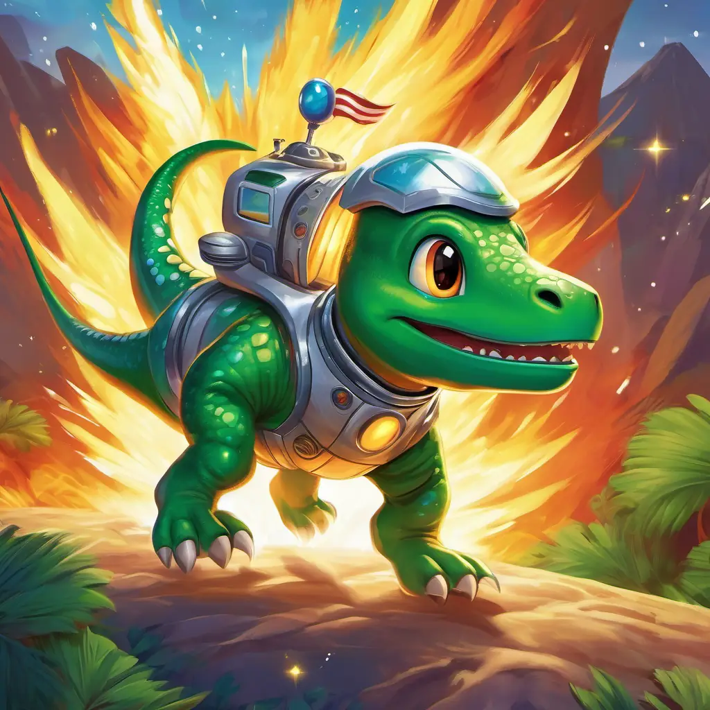 The text appears on a page with a vibrant illustration of A friendly green dinosaur with big eyes and a friendly smile, wearing a blue astronaut suit's A shiny silver spaceship with flames shooting out of its back, ready for an adventure soaring through the sky. The A shiny silver spaceship with flames shooting out of its back, ready for an adventure has shiny silver walls and flames shooting out of its back.