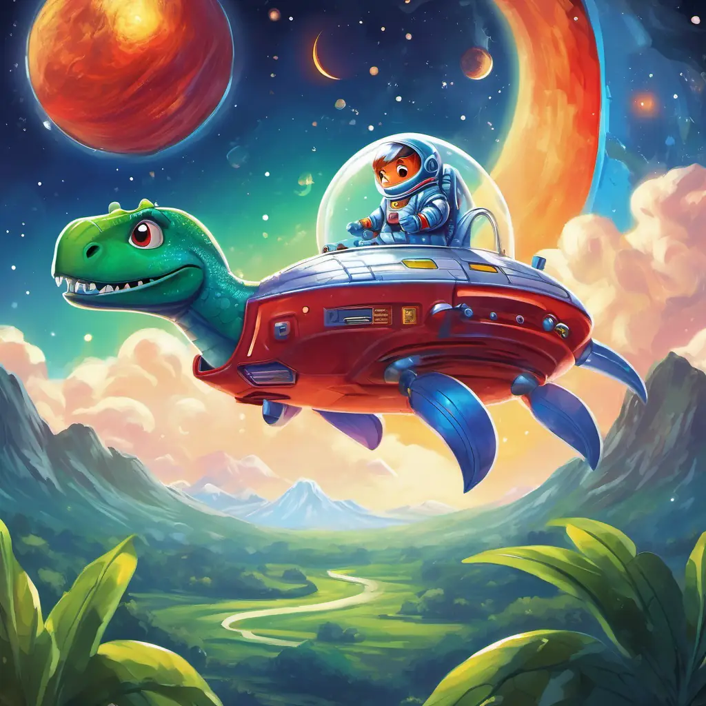 The text appears on a page showing a big, red planet with craters and A friendly green dinosaur with big eyes and a friendly smile, wearing a blue astronaut suit's A shiny silver spaceship with flames shooting out of its back, ready for an adventure flying nearby. The next illustration shows a blue planet with white clouds and A friendly green dinosaur with big eyes and a friendly smile, wearing a blue astronaut suit's A shiny silver spaceship with flames shooting out of its back, ready for an adventure in the distance. The final illustration shows a planet with rings around it and A friendly green dinosaur with big eyes and a friendly smile, wearing a blue astronaut suit's A shiny silver spaceship with flames shooting out of its back, ready for an adventure passing by.