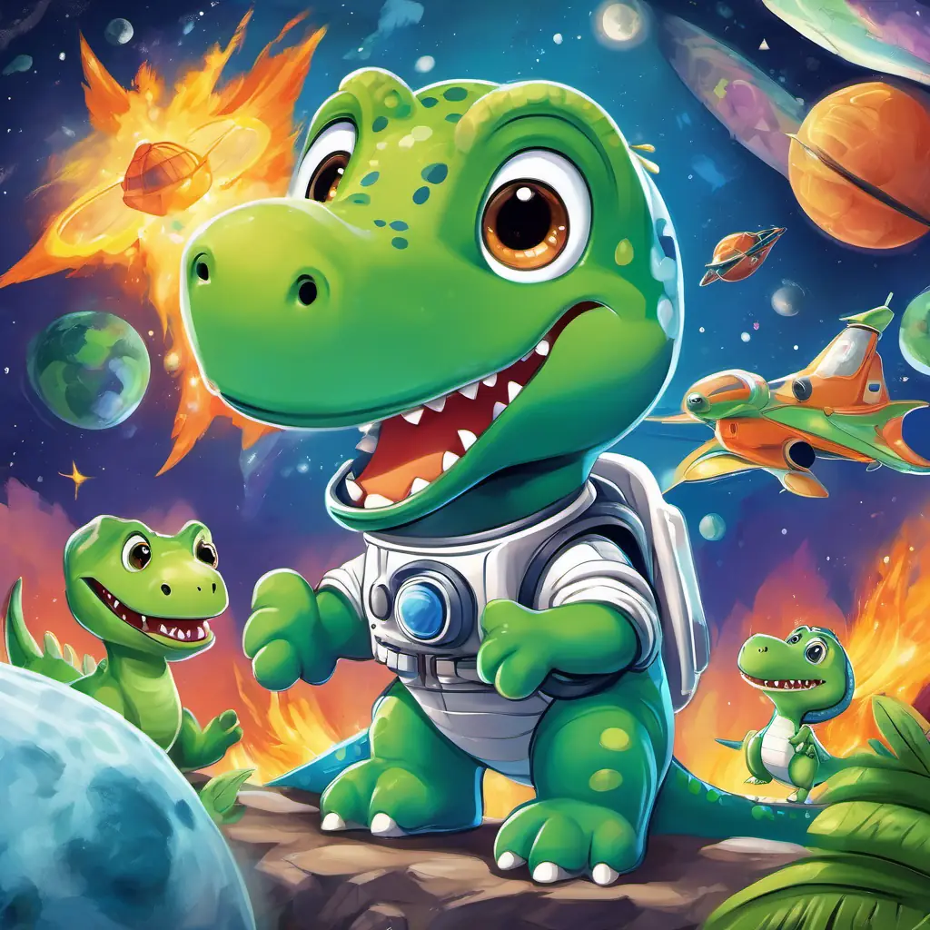 The text appears on a page with an illustration of A friendly green dinosaur with big eyes and a friendly smile, wearing a blue astronaut suit stepping out of his A shiny silver spaceship with flames shooting out of its back, ready for an adventure, surrounded by his Various dinosaurs with different colors and sizes, all looking curious and excited. They all have curious expressions and are eagerly listening to A friendly green dinosaur with big eyes and a friendly smile, wearing a blue astronaut suit.