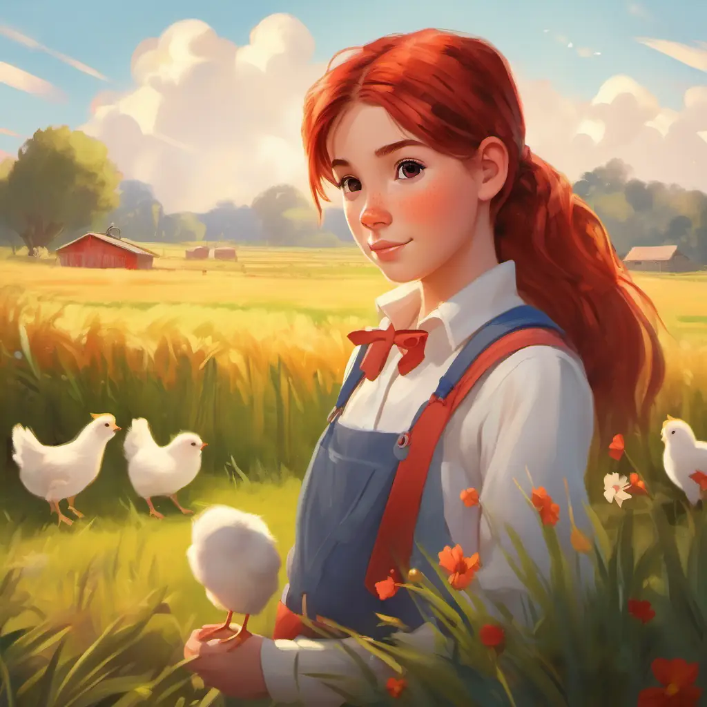 Morning on Curious girl, freckles, brown eyes, red ponytail's farm, a chick hatches, quiet surroundings.