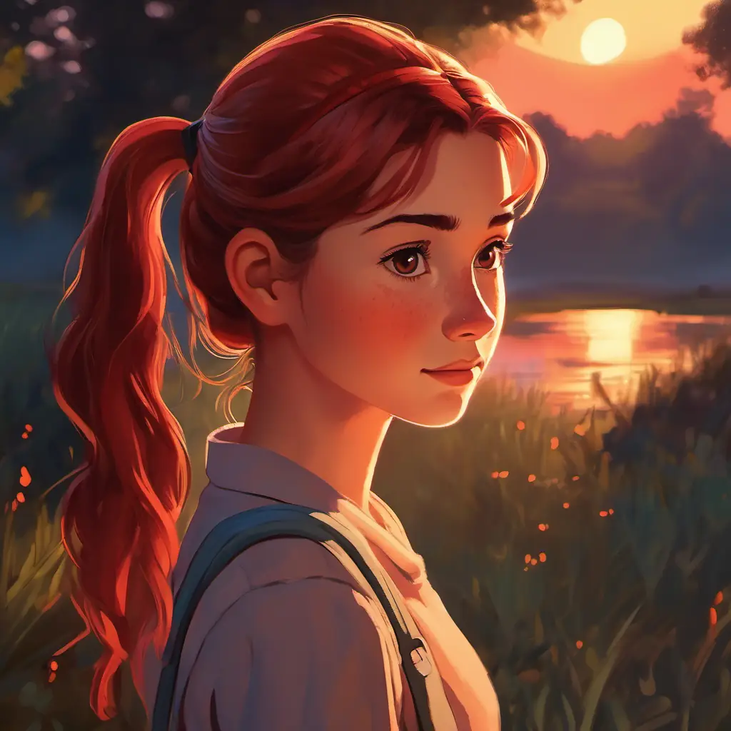 Curious girl, freckles, brown eyes, red ponytail whispers as she leaves at dusk, thinking of rest.