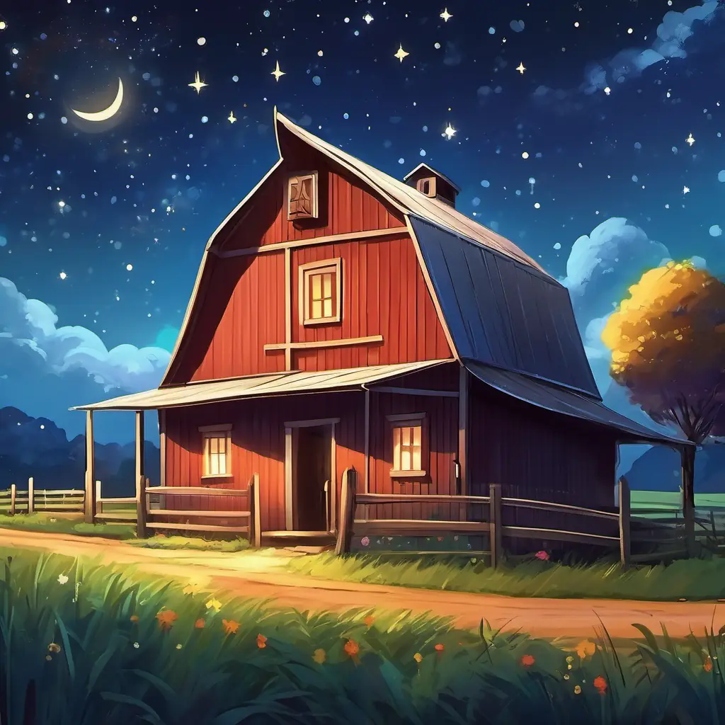 Farm sleeps peacefully under a starry sky.