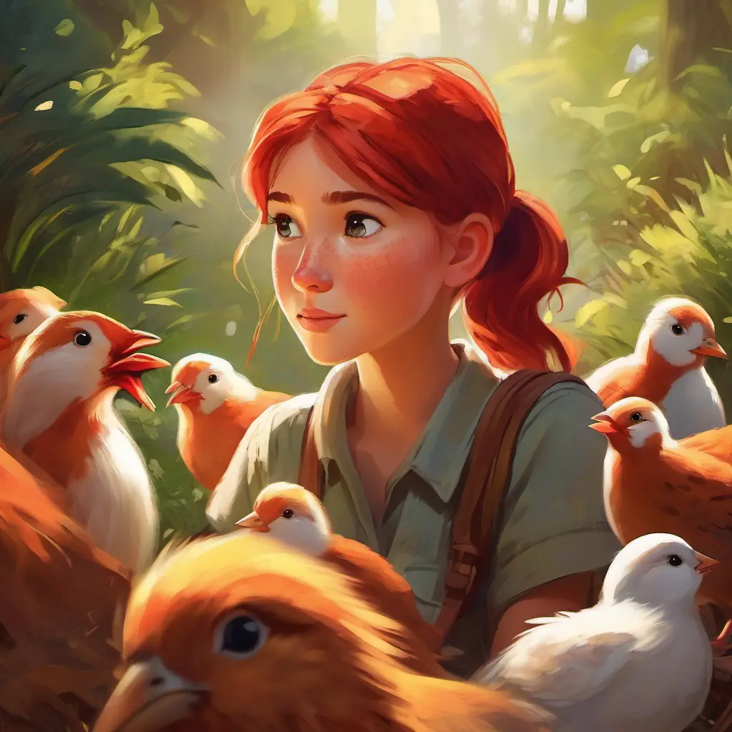 Curious girl, freckles, brown eyes, red ponytail feeds chicks, playful pecking at crumbs.