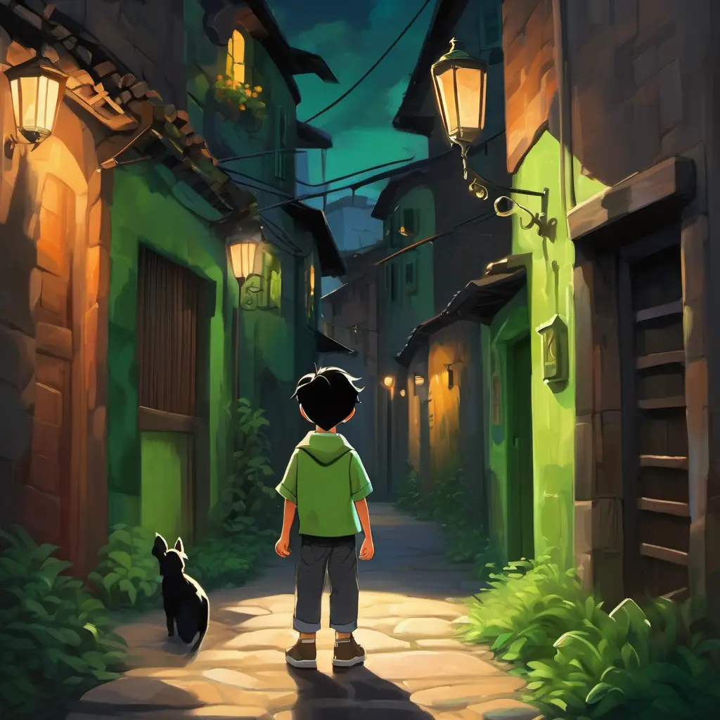 Sammy and Shadow are on a mission to find the missing shadows. The alley is dimly lit, and the group of shadows add an air of mystery to the scene.