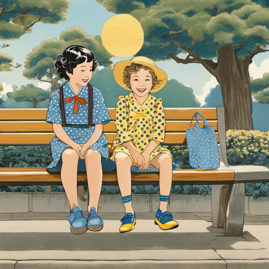 Two kids, Cora and tucker, sitting on a park bench with the sun shining.