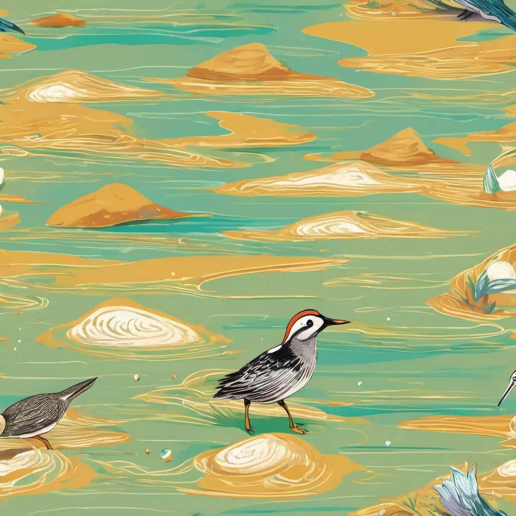 A bright, sunny beach with a A cheerful clam with a pearl-like sheen, often basking in the sunlight and a A playful snipe bird with a long beak, often seen pecking curiously around basking together in golden sand.